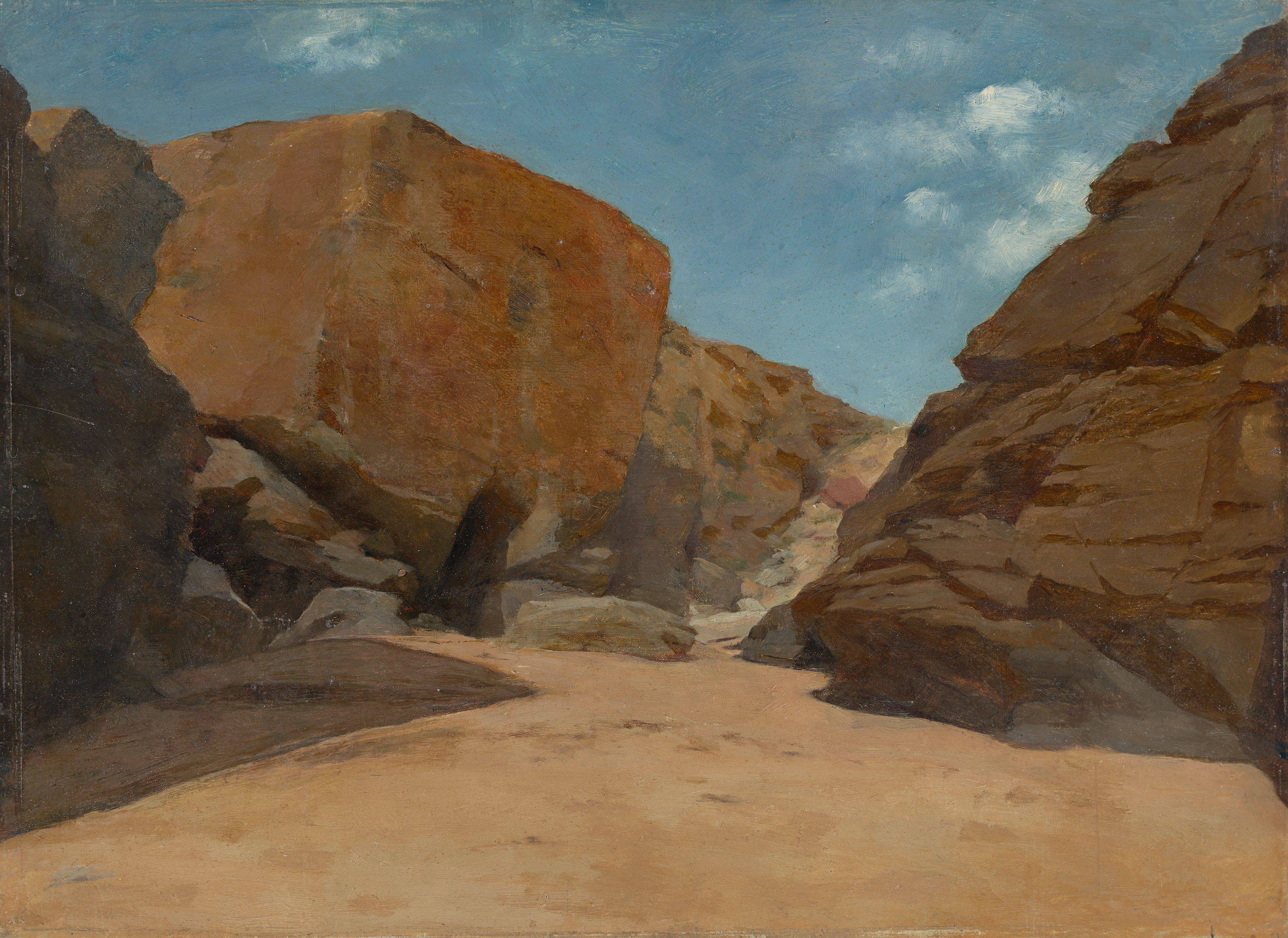 Auf diesem Bild ist das folgende Kunstwerk zu sehen:  Französisch oder Deutsch, um 1840/60. Felsige Wüstenlandschaft.