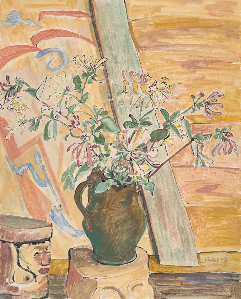 This picture shows the following artwork: Erich Heckel. ”Geissblatt mit geschnitzem Hocker”. 1929.