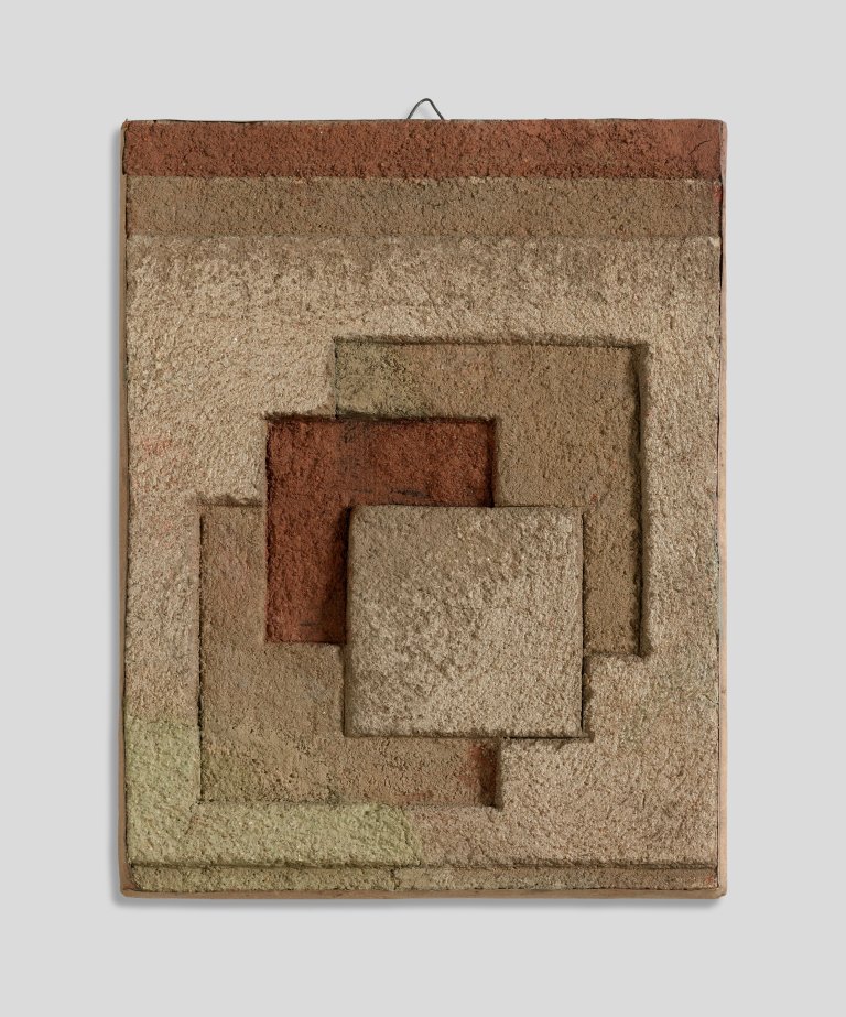 Auf diesem Bild ist das folgende Kunstwerk zu sehen: Hermann Glöckner. Sich überlagernde Quadrate in Umbratönen. 1948.