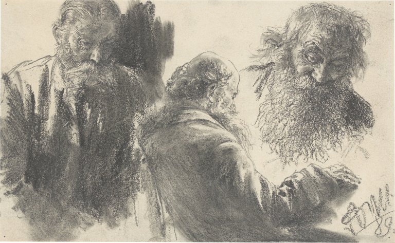 This picture shows the following artwork: Adolph Menzel. Study sheet with three sketches of a bearded man. 1889.