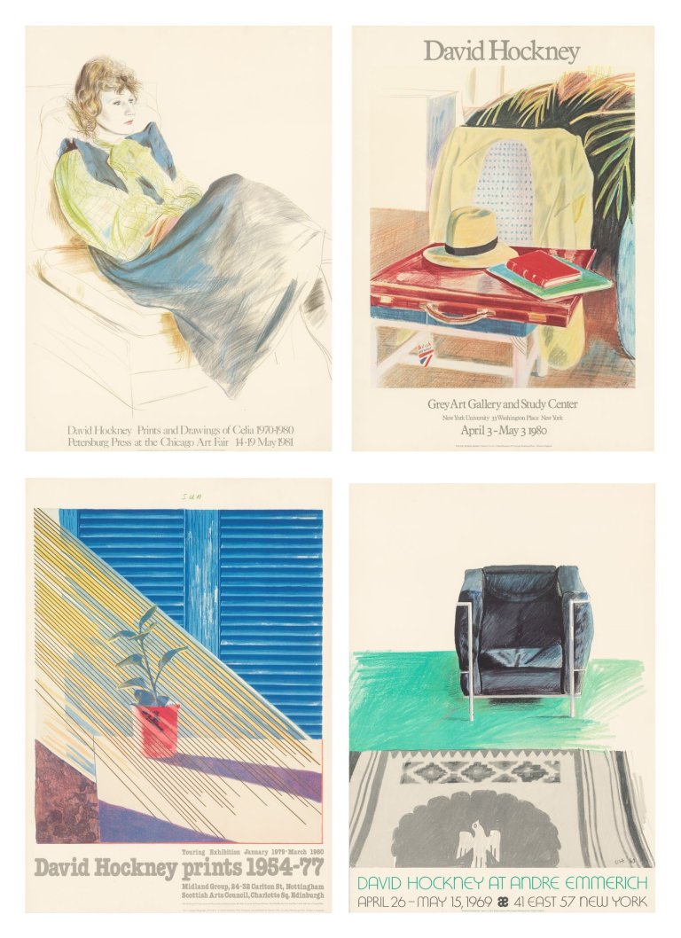 This picture shows the following artwork: David Hockney. David Hockney exhibition posters from 1969, 1980 and 1981. 1969 to 1981.