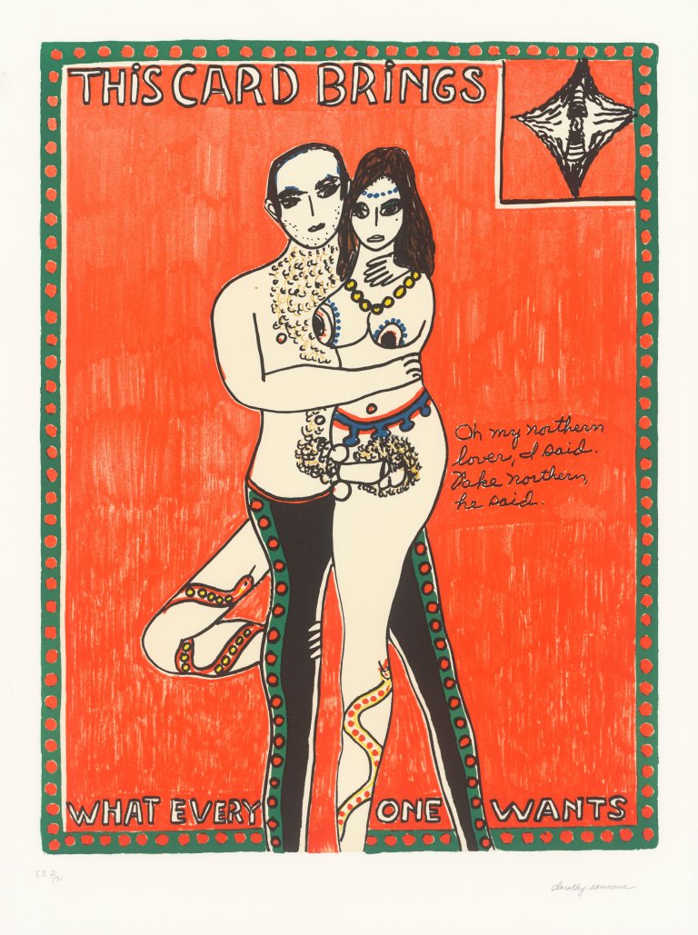This picture shows the following artwork: Dorothy Iannone. ”This Card Brings What Everyone Wants”. 2019.