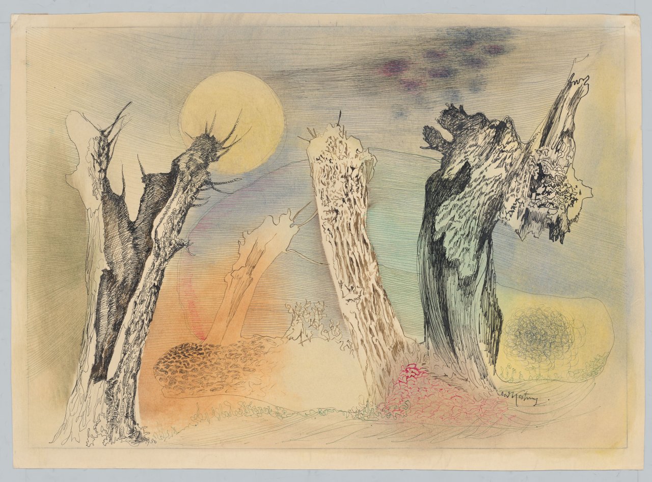 This picture shows the following artwork: Edmund Kesting. Untitled (Landscape with meadows). 1950.