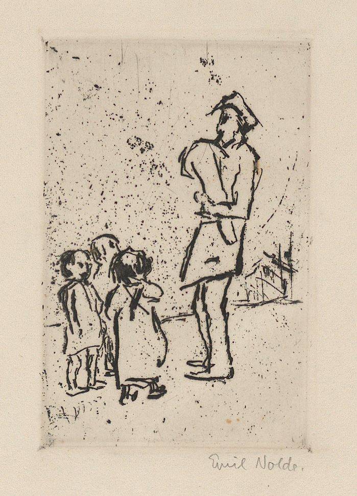 This picture shows the following artwork: Emil Nolde. ”Kinder und Straßenmusikant”. 1909.