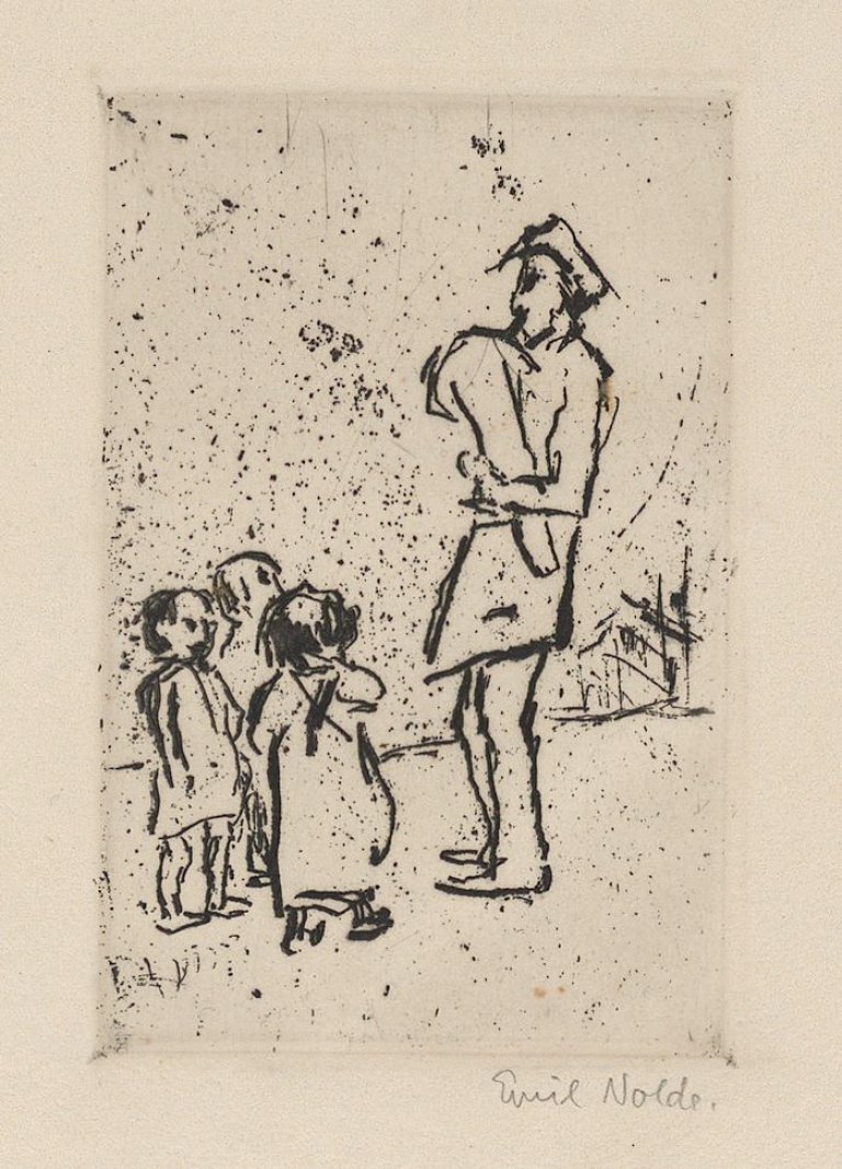 This picture shows the following artwork: Emil Nolde. ”Kinder und Straßenmusikant”. 1909.