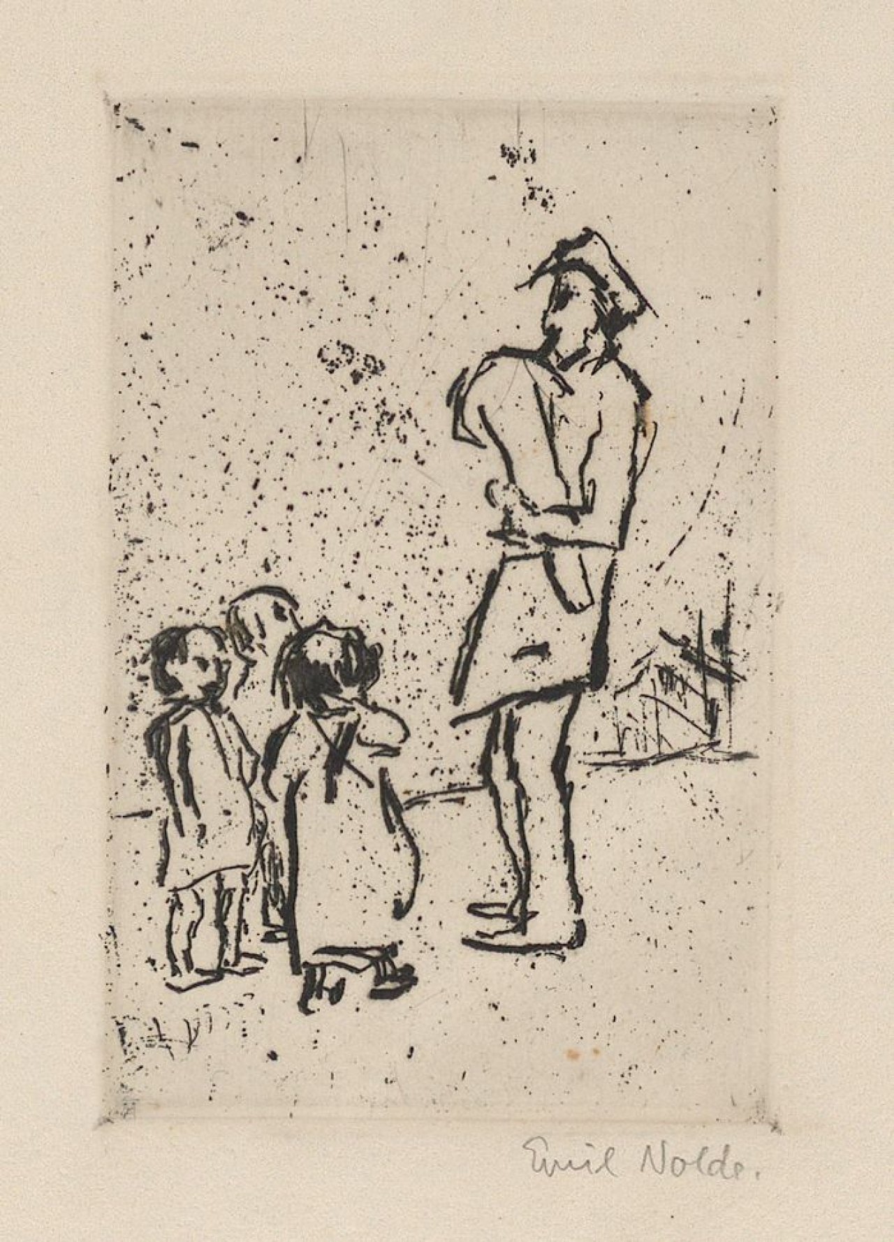 This picture shows the following artwork: Emil Nolde. ”Kinder und Straßenmusikant”. 1909.