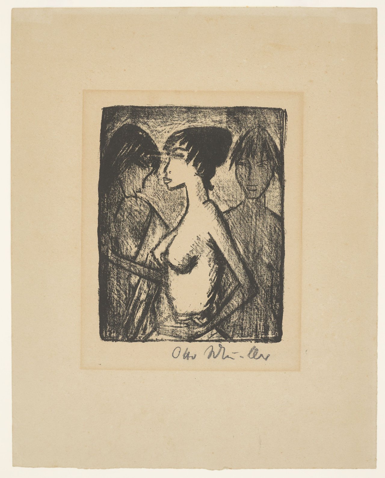 This picture shows the following artwork: Otto Mueller. ”Mädchen-Halbakt im Profil (vor einem Bild)”. 1922.