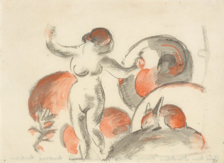 This picture shows the following artwork: Franz Marc. ”Stehender weiblicher Akt mit Kaninchen”. 1912.