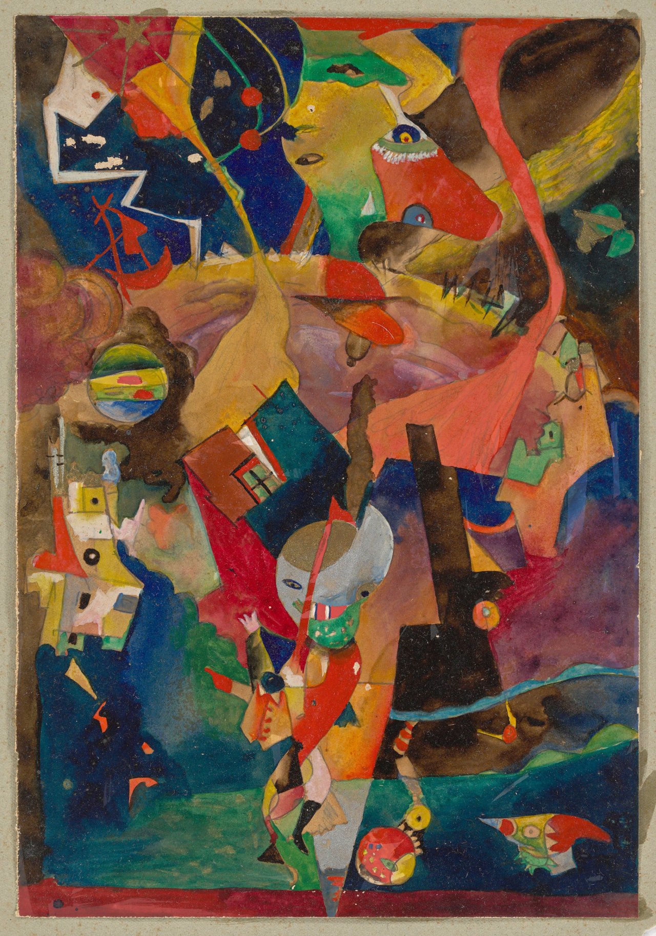 Auf diesem Bild ist das folgende Kunstwerk zu sehen: Rudolf Schlichter. Landschaft mit Fabelwesen und Figurine. Um 1916.