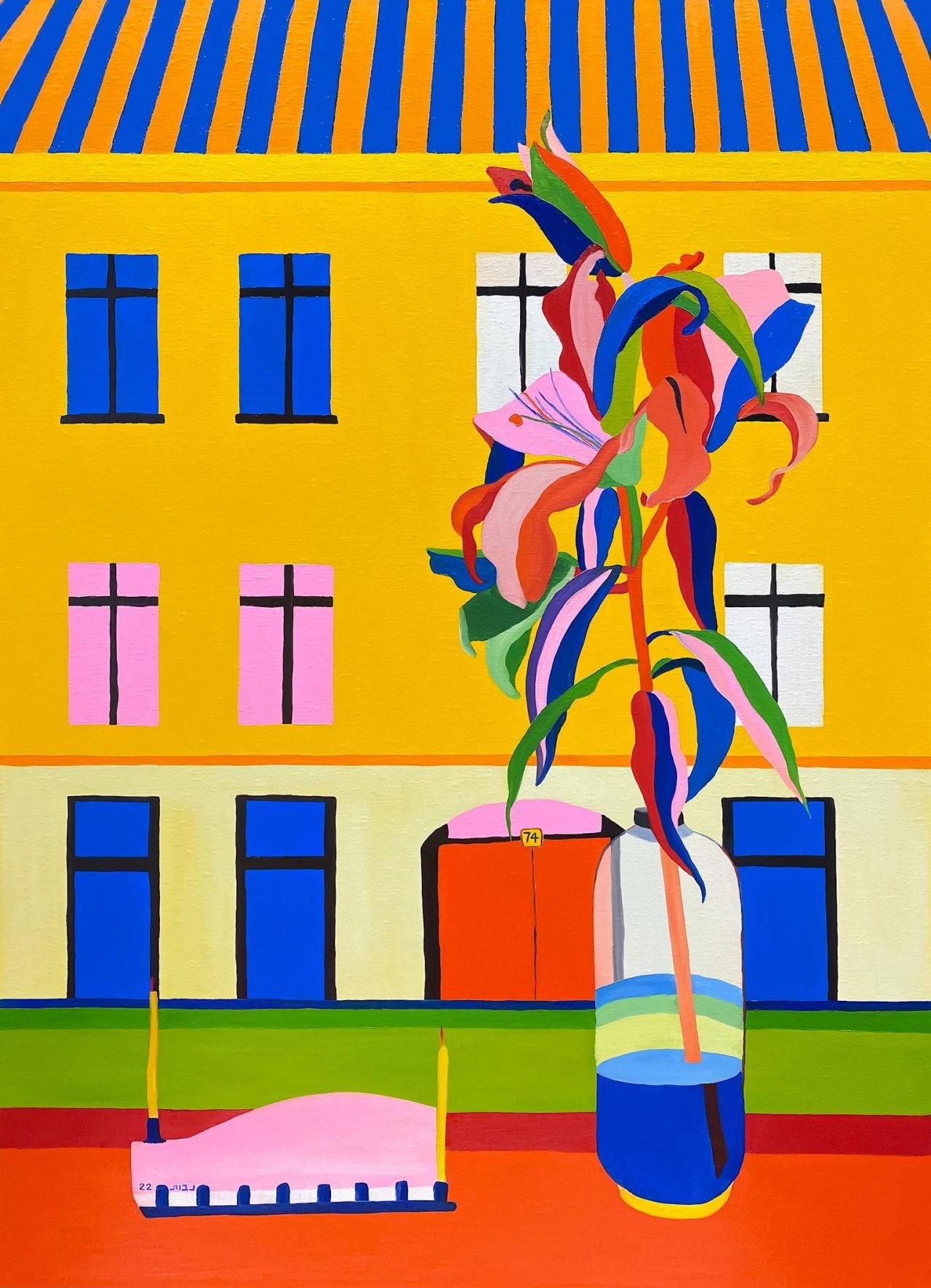Auf diesem Bild ist das folgende Kunstwerk zu sehen: Navot Miller. „Lillies & Menorah on Auguststraße“. 2022.