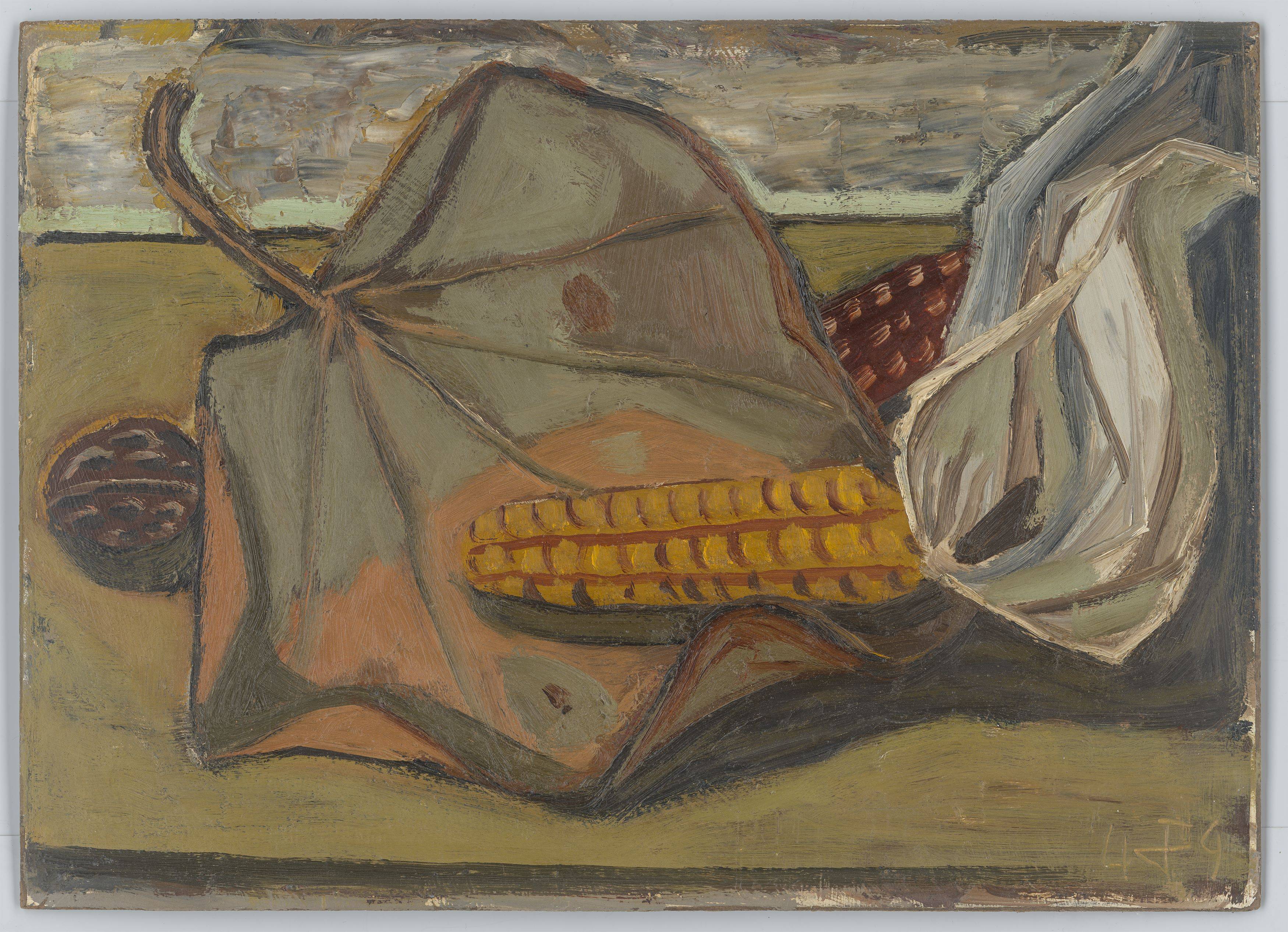 This picture shows the following artwork: Otto Dix. ”Stilleben mit Maiskolben und Blättern”. 1949.