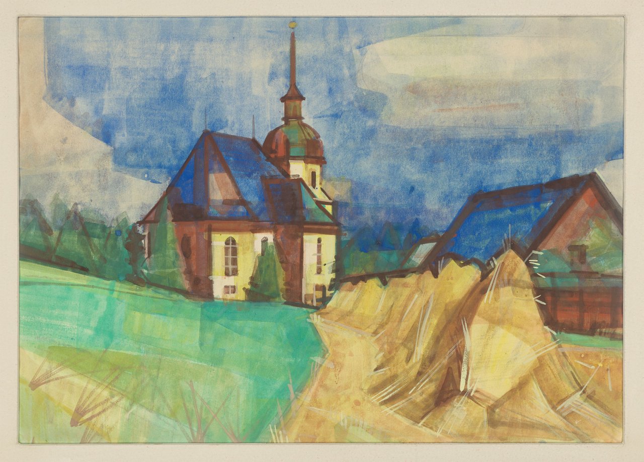 This picture shows the following artwork: Hermann Glöckner. ”Kirche + Kornpuppen”. 1950.