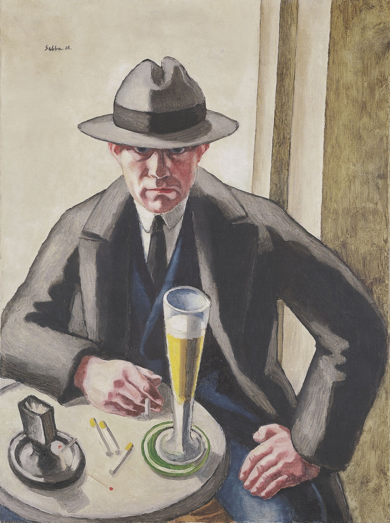Auf diesem Bild ist das folgende Kunstwerk zu sehen: Siegfried Shalom Sebba. Selbstporträt mit Bierglas. 1928.