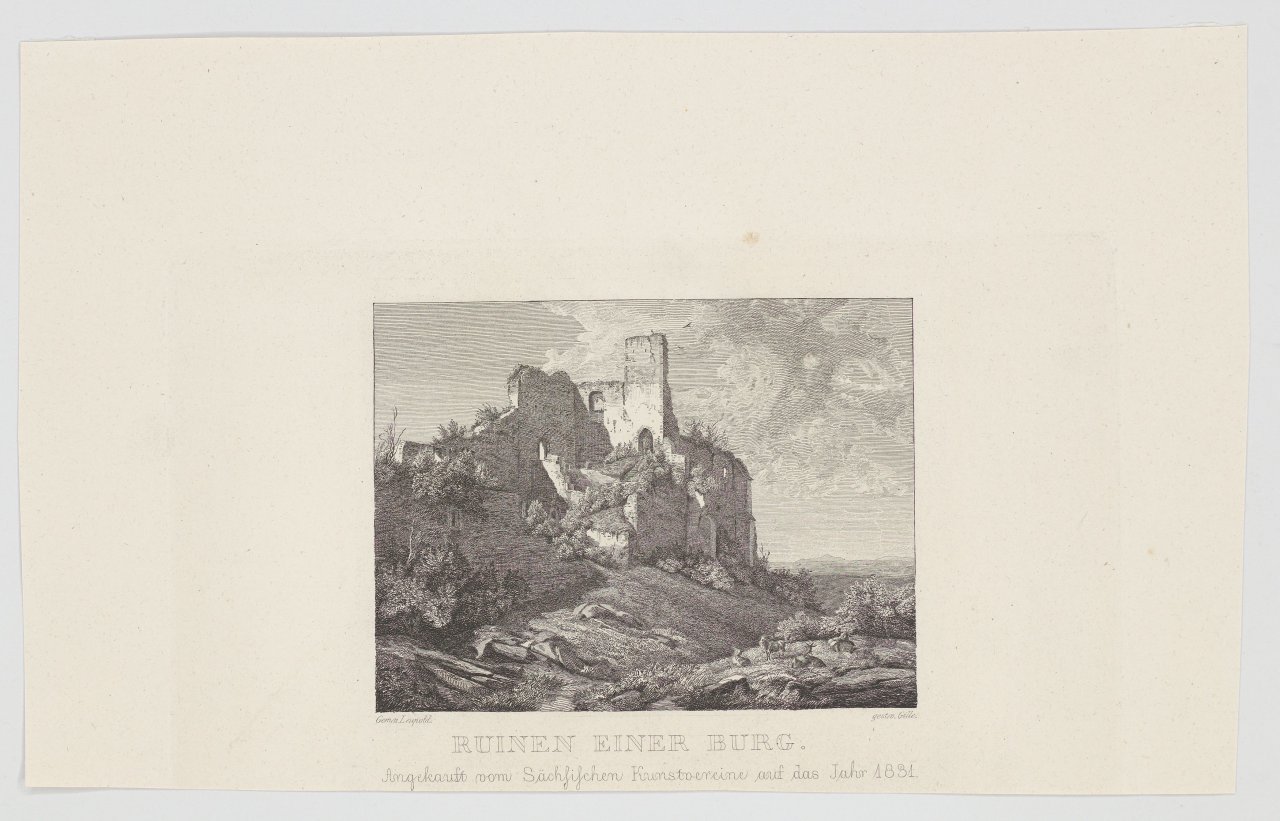 This picture shows the following artwork: Christian Friedrich Gille. ”Ruinen einer Burg” (after Karl Julius von Leypold). Circa 1832/1836.