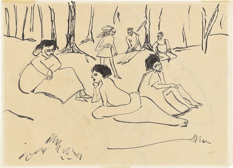 This picture shows the following artwork: Ernst Ludwig Kirchner. Women at the Edge of the Forest (on the reverse: Portrait of a Girl). 1910.