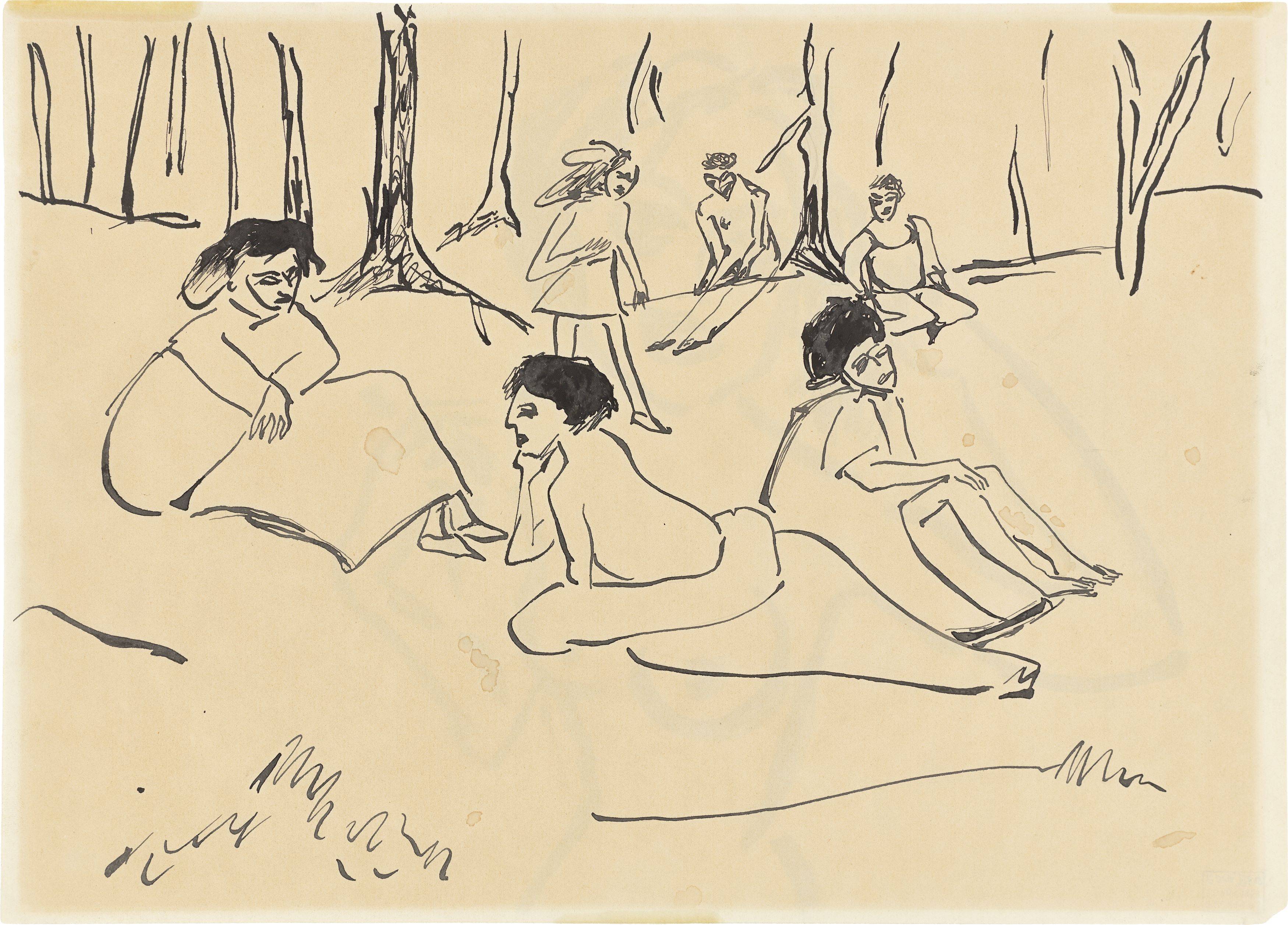 This picture shows the following artwork: Ernst Ludwig Kirchner. Women at the Edge of the Forest (on the reverse: Portrait of a Girl). 1910.
