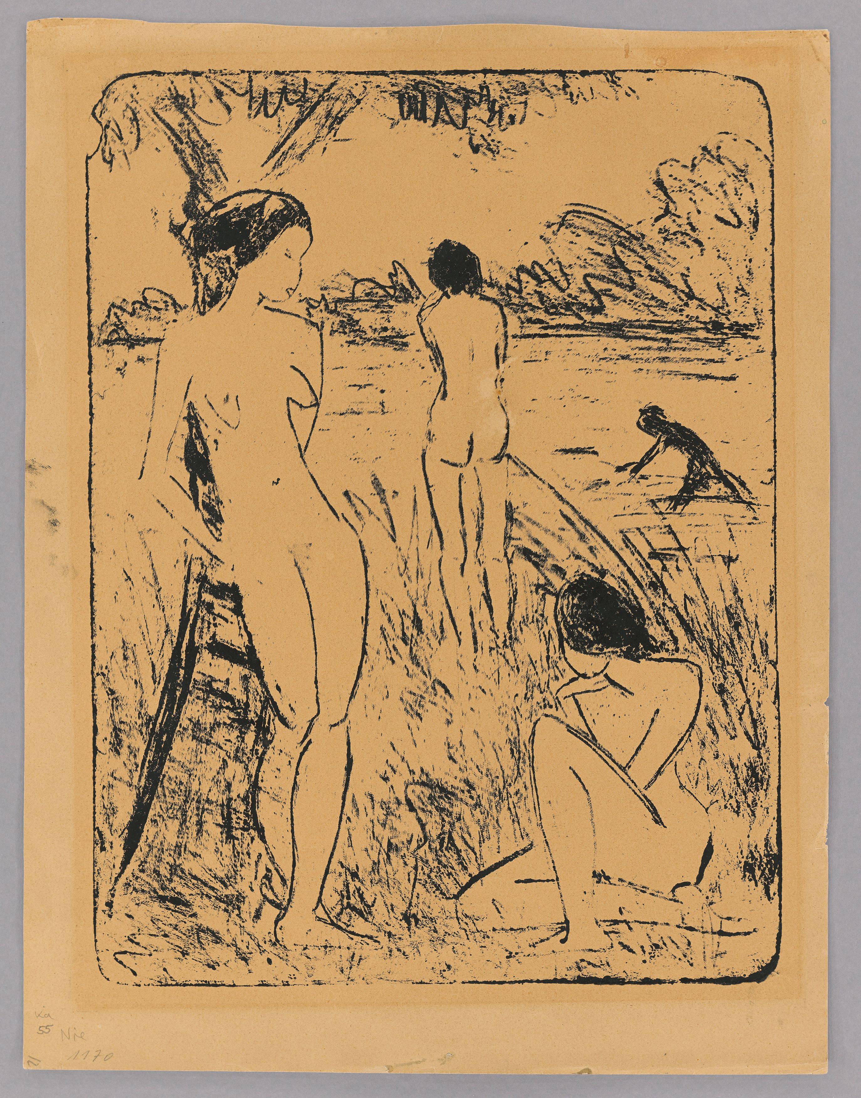 This picture shows the following artwork: Otto Mueller. ”Ein am Baum stehendes, ein sitzendes und zwei badende Mädchen”. 1914–18.