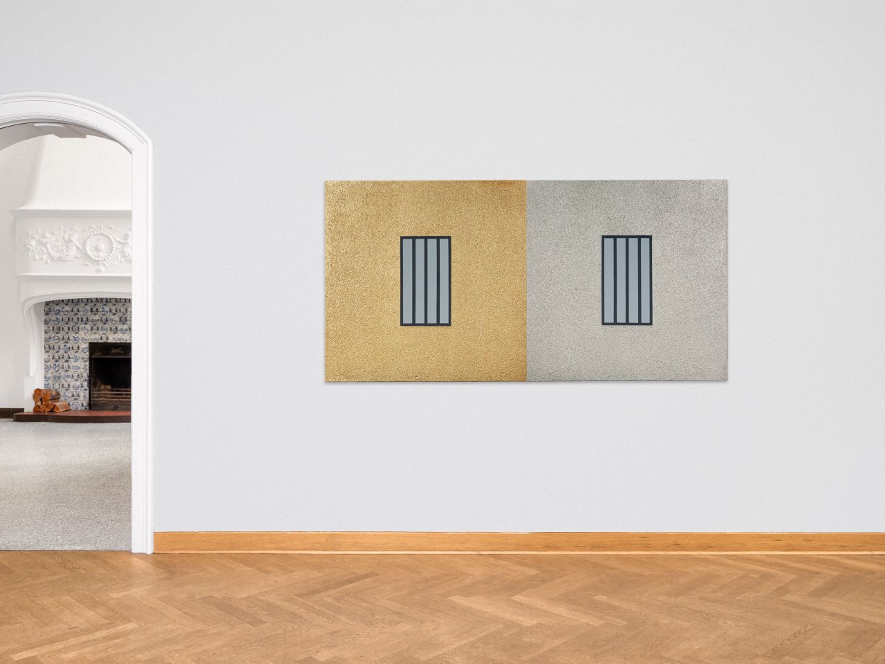 Auf diesem Bild ist das folgende Kunstwerk zu sehen: Peter Halley. „Gold and Silver Prisons“. 1997.