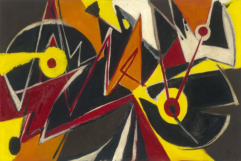 Auf diesem Bild ist das folgende Kunstwerk zu sehen: Ernst Wilhelm Nay. „Um drei rote Punkte“. 1950.