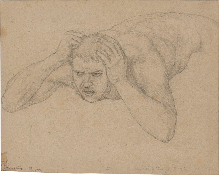This picture shows the following artwork: Peter von Cornelius. Male half nude, reclining. 1834-35.