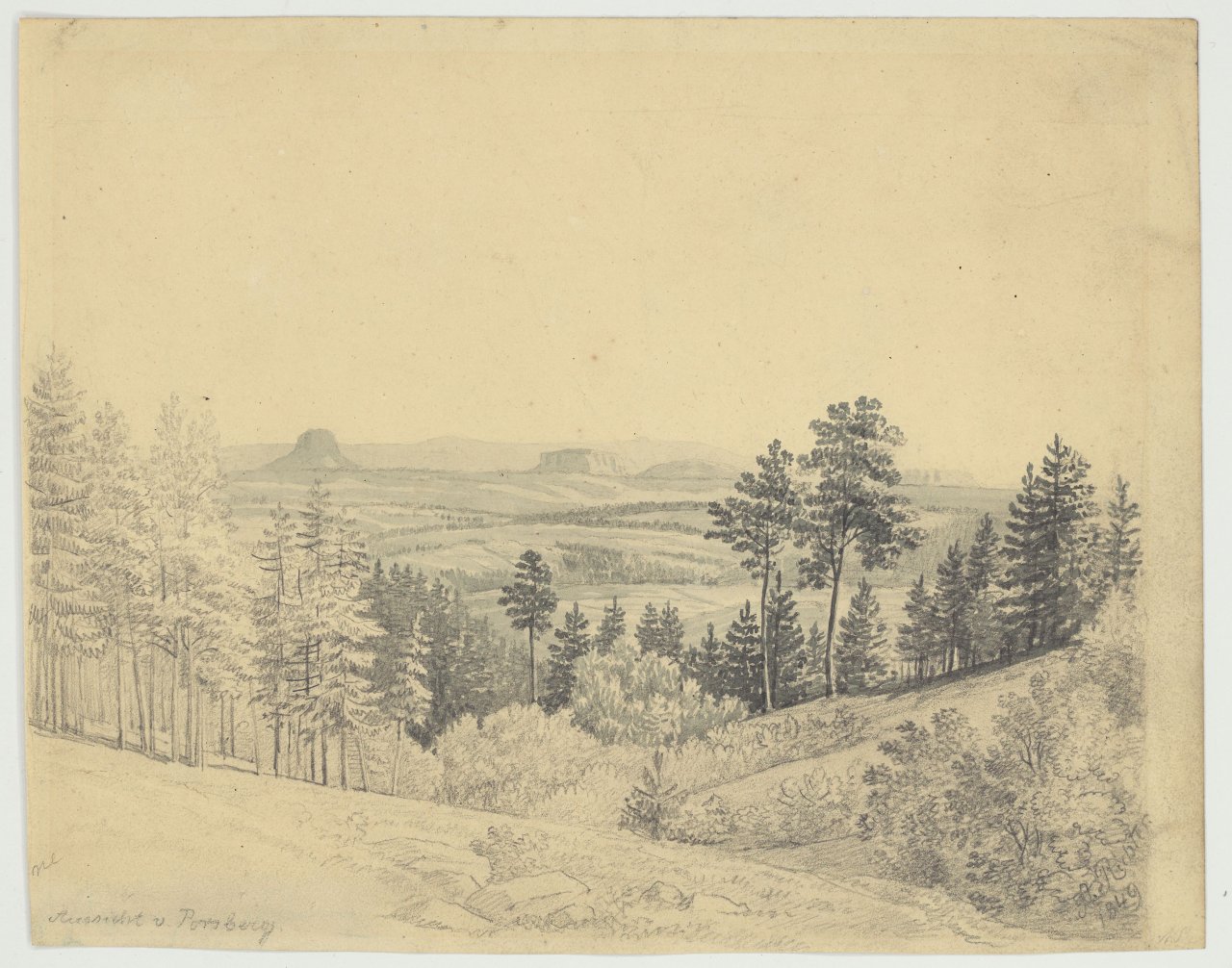 This picture shows the following artwork: August Richter. ”Aussicht vom Porsberg auf den Lilienstein und den Königstein”. 1849.