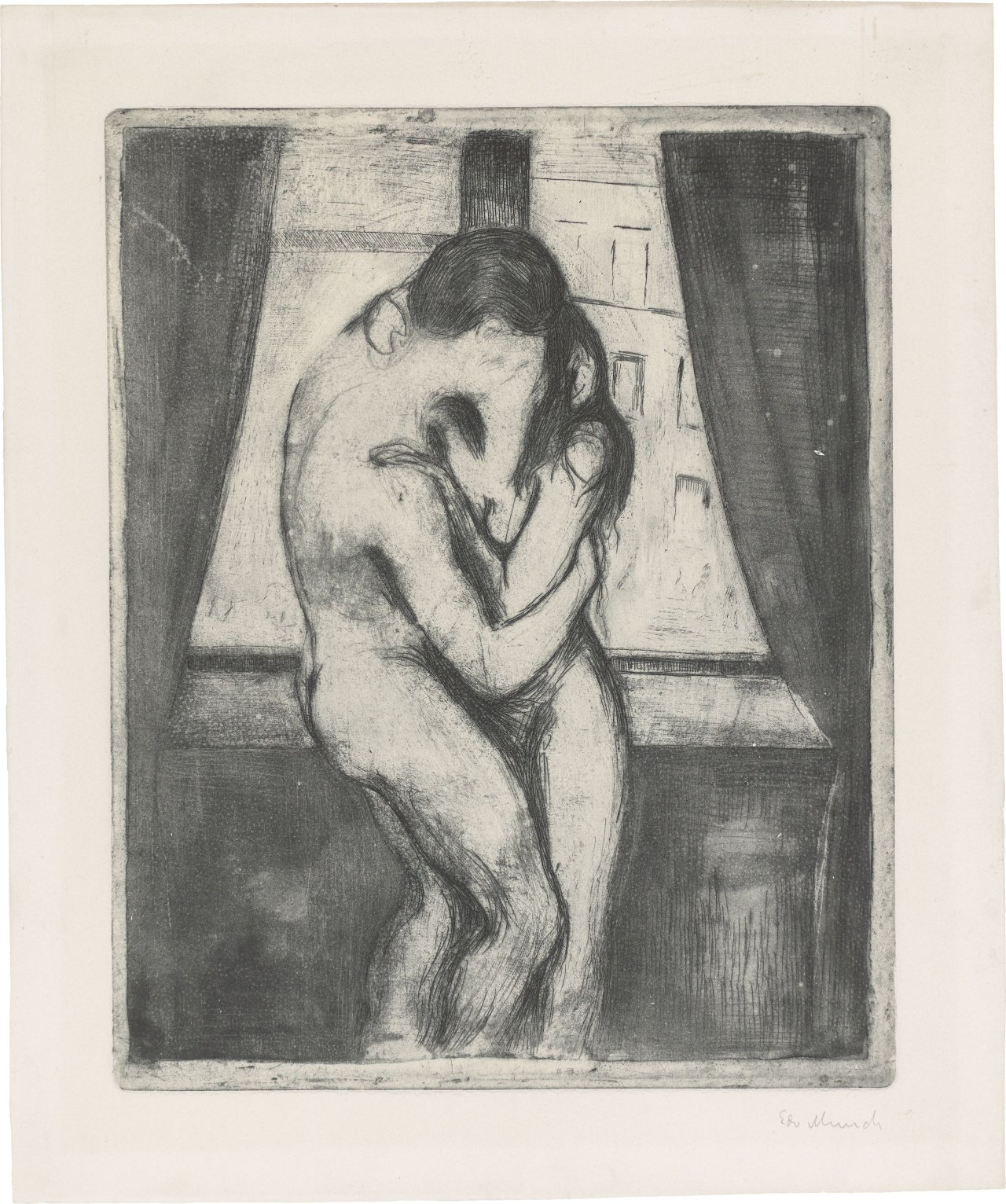 This picture shows the following artwork: Edvard Munch. ”Der Kuss”. 1895.