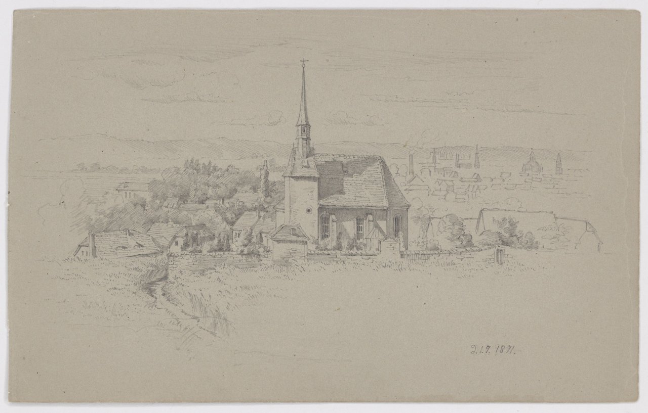 This picture shows the following artwork:  German, circa 1870. Two study drawings: Loschwitzer Grund / Village church. No year / 1871.