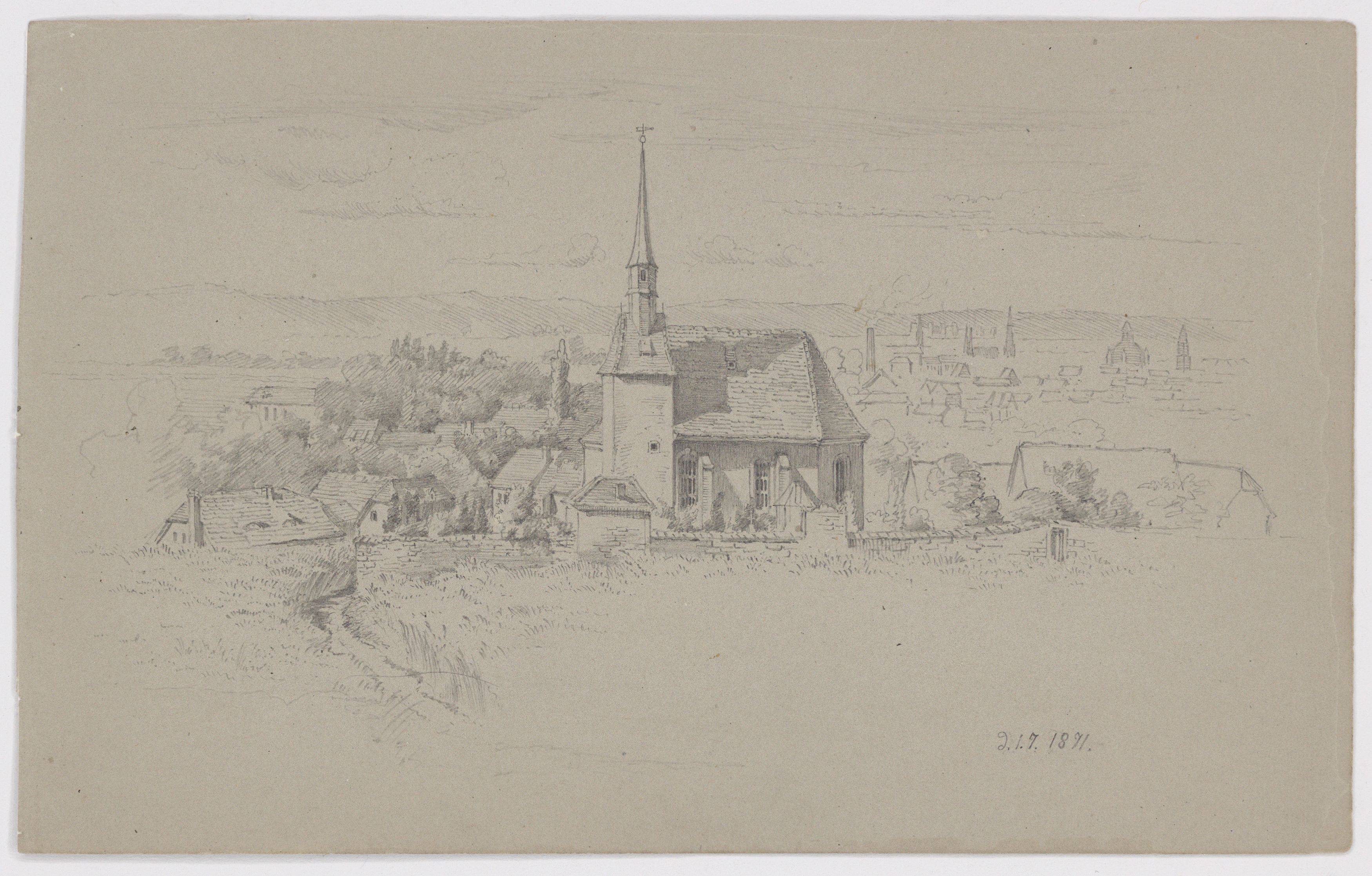 This picture shows the following artwork:  German, circa 1870. Two study drawings: Loschwitzer Grund / Village church. No year / 1871.