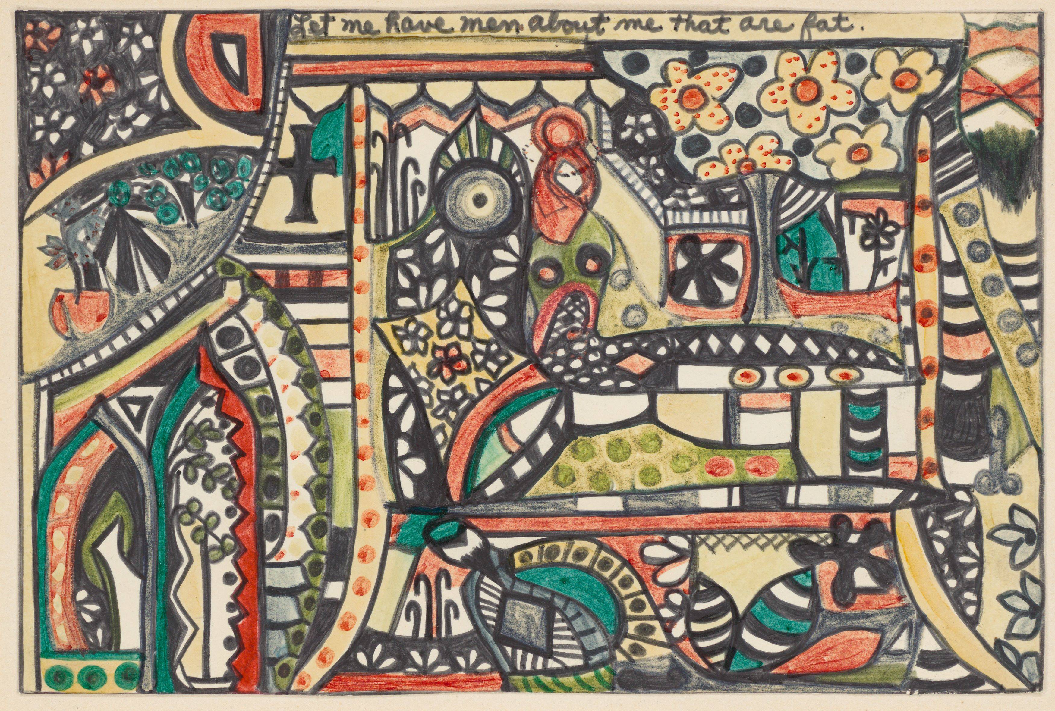 Auf diesem Bild ist das folgende Kunstwerk zu sehen: Dorothy Iannone. „Let me have men about me that are fat.“. 1966.