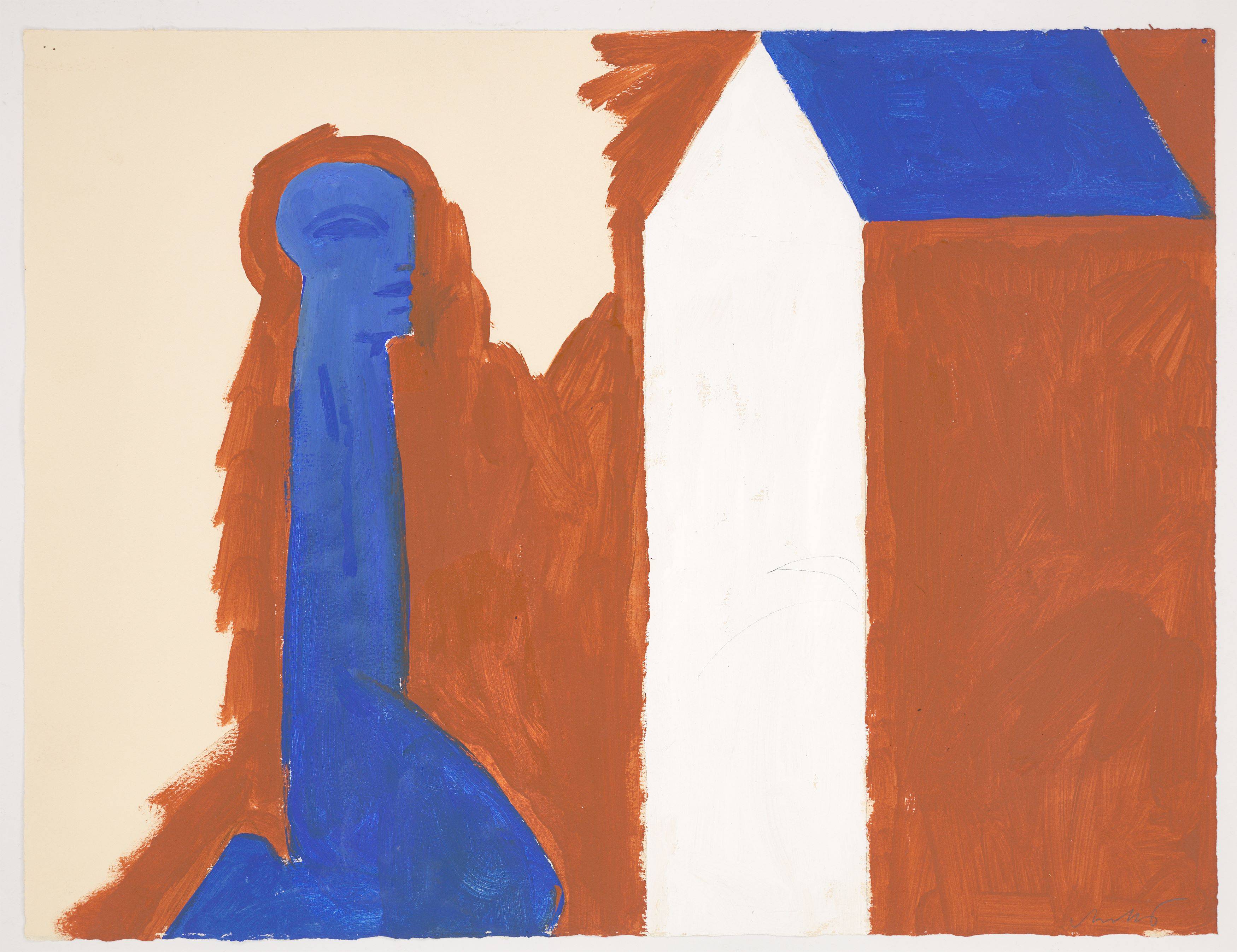 This picture shows the following artwork: Horst Antes. Blue, kneeling figure, house with white gable. 1987.