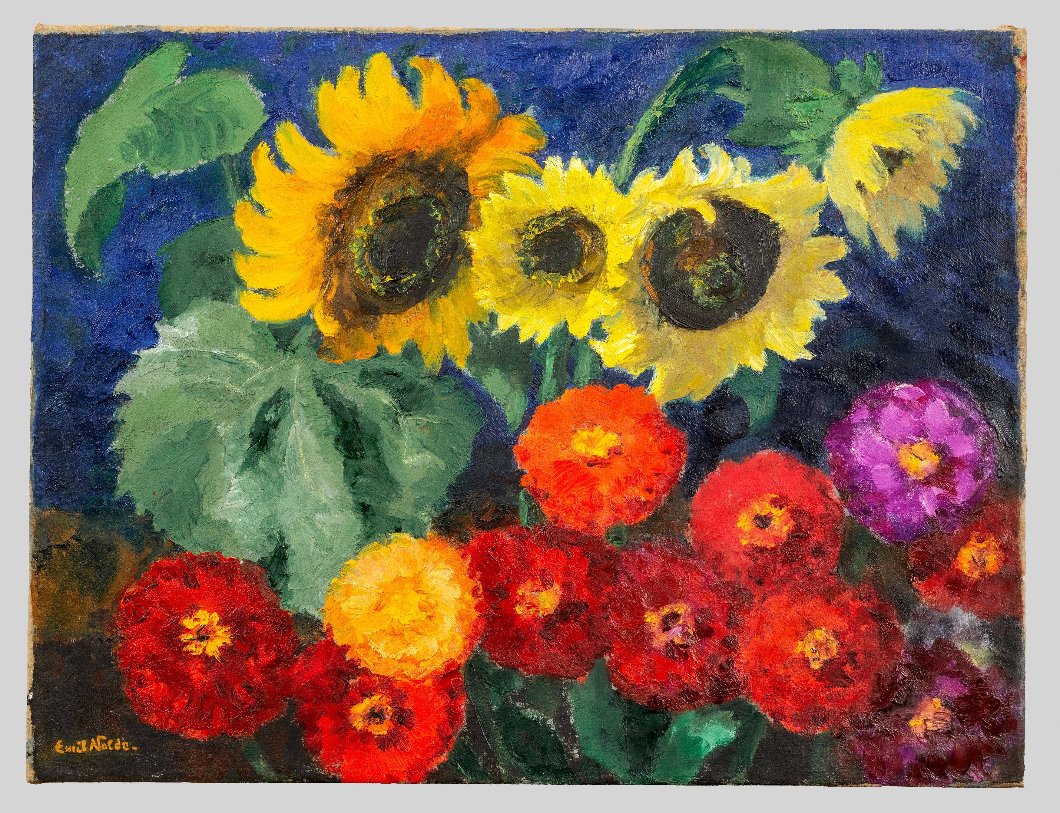 Auf diesem Bild ist das folgende Kunstwerk zu sehen: Emil Nolde. „Zinnien und Sonnenblumen“. 1940.