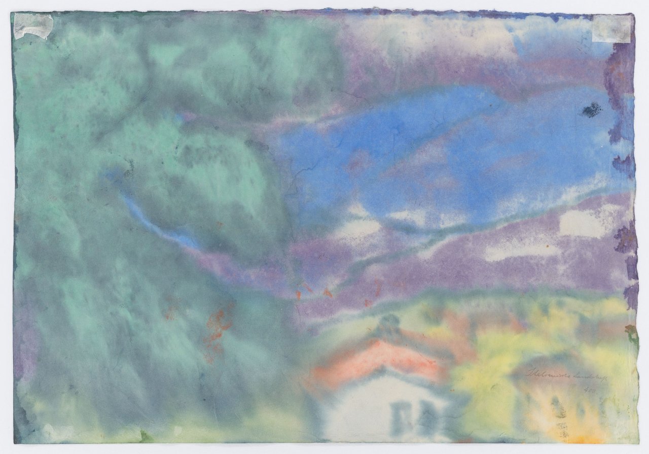 This picture shows the following artwork: Emil Nolde. ”Violette Berglandschaft (dunkle Tanne und Häuser)”. 1920s.