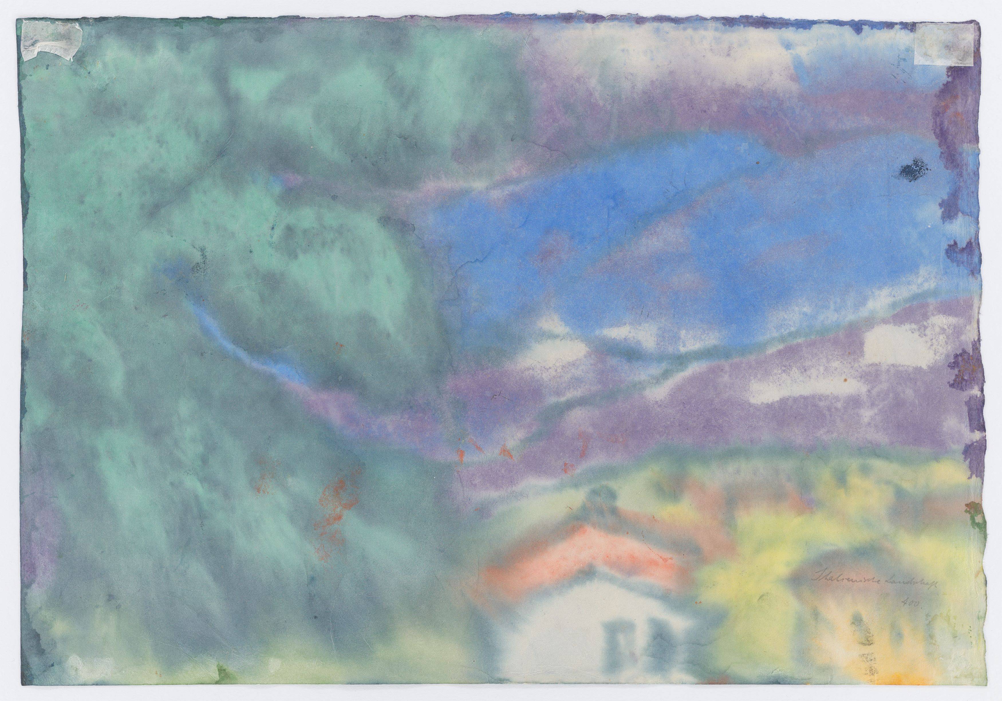 This picture shows the following artwork: Emil Nolde. ”Violette Berglandschaft (dunkle Tanne und Häuser)”. 1920s.
