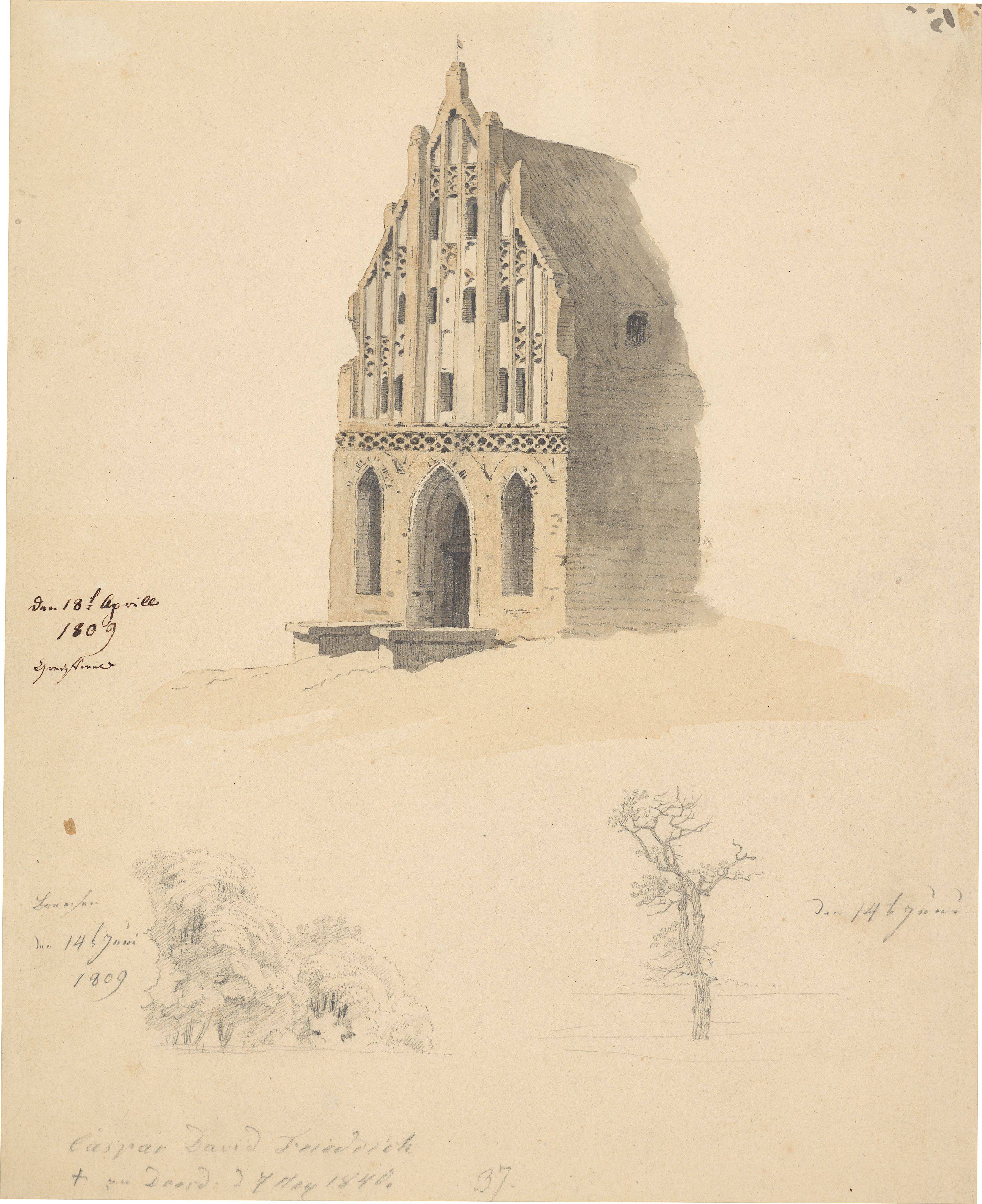 Auf diesem Bild ist das folgende Kunstwerk zu sehen: Caspar David Friedrich. Gotisches Backsteingebäude und kleine Baumstudien. 1809.