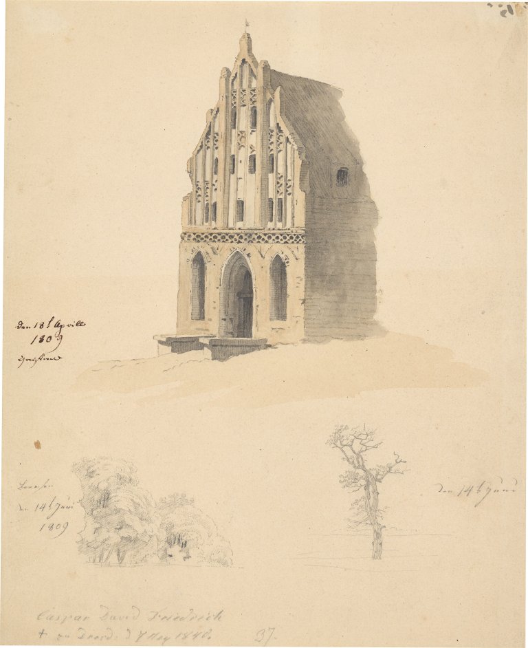 This picture shows the following artwork: Caspar David Friedrich. Gothic brick buildings and small tree studies. 1809.