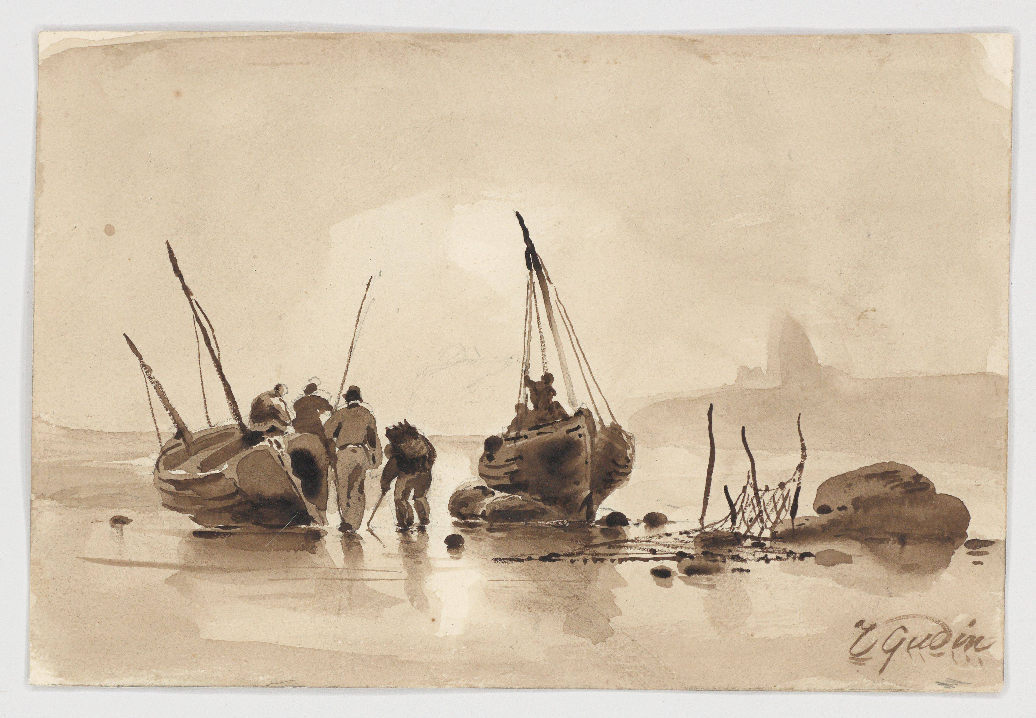 Auf diesem Bild ist das folgende Kunstwerk zu sehen: Théodore Gudin. Fischerboote am Strand.