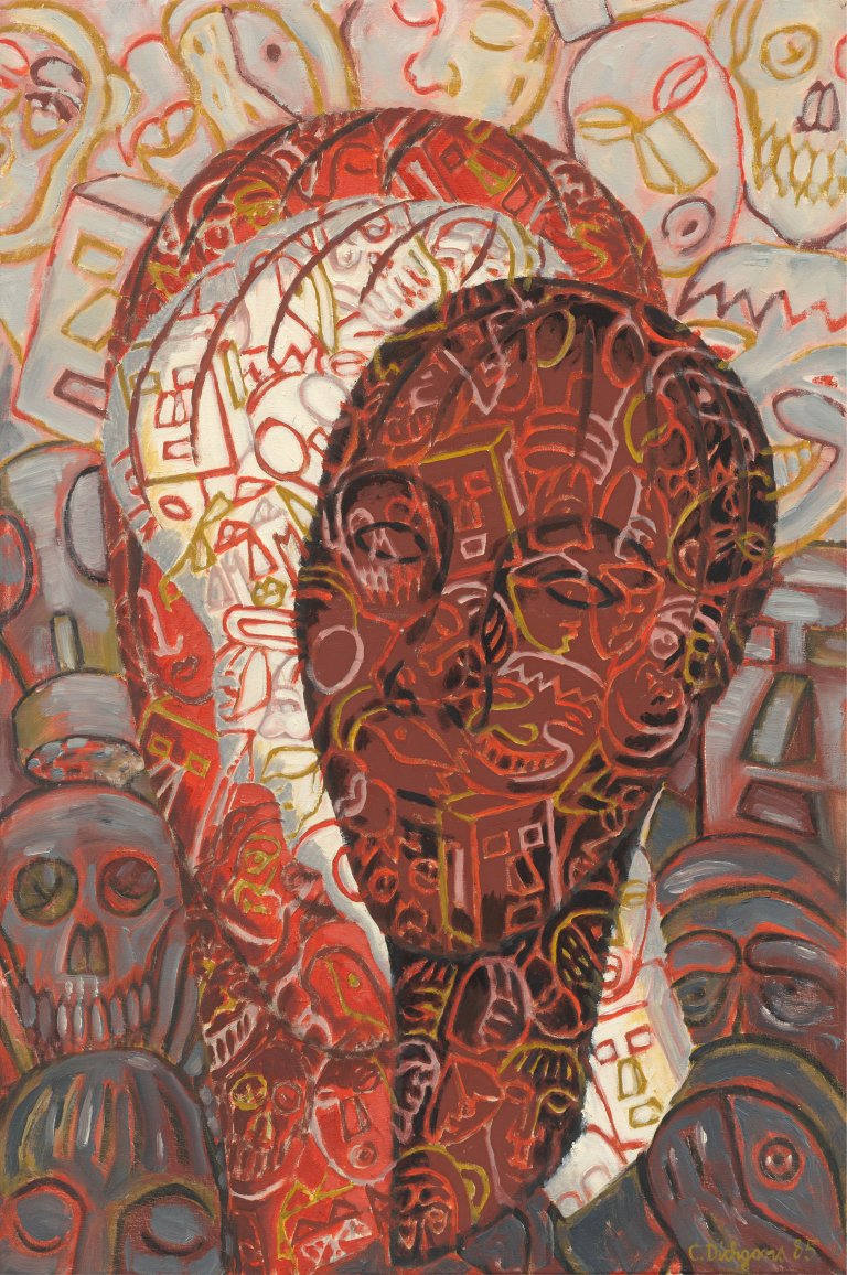 Auf diesem Bild ist das folgende Kunstwerk zu sehen: Christa Dichgans. „Köpfe und Masken #26“. 1985.