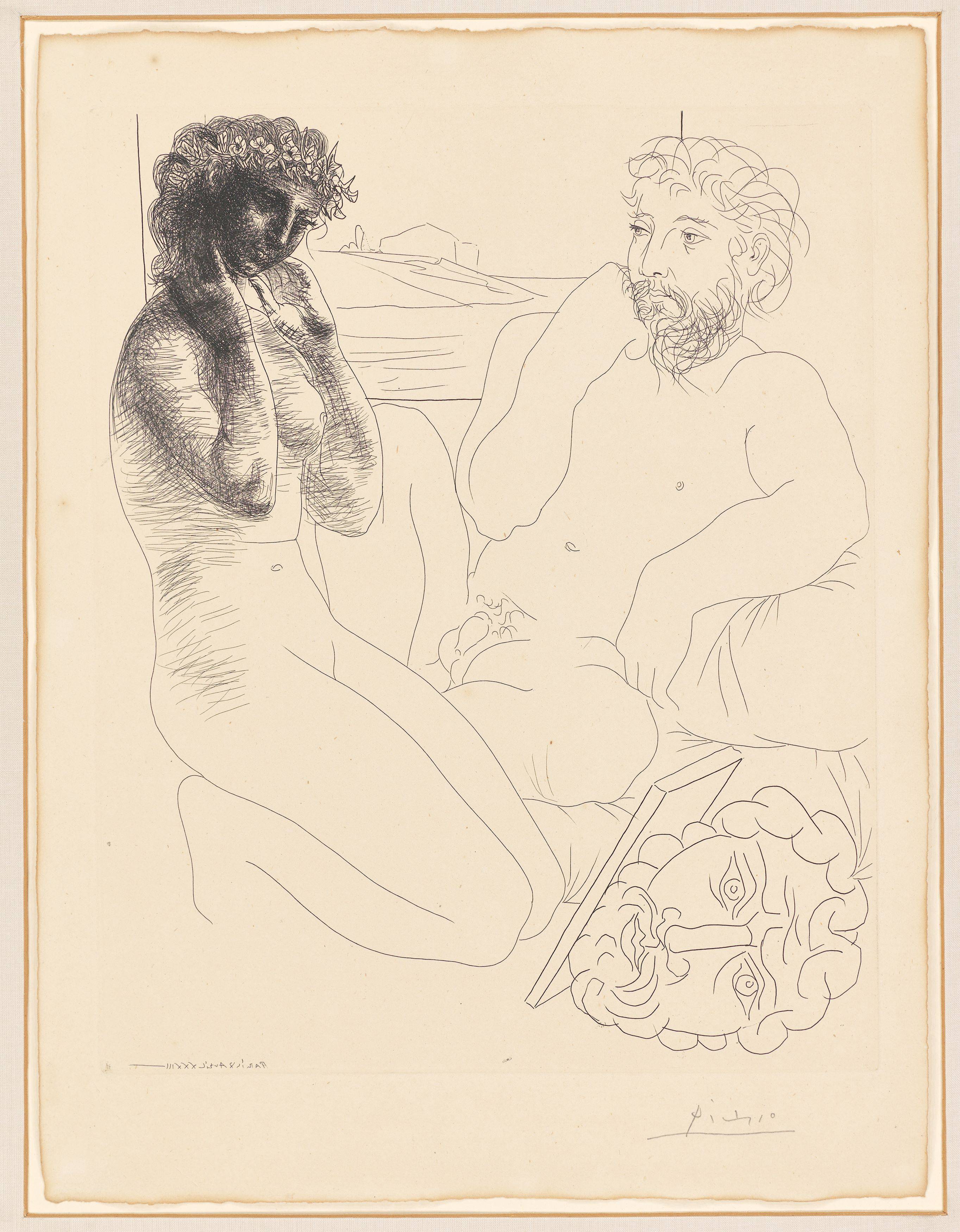 Auf diesem Bild ist das folgende Kunstwerk zu sehen: Pablo Picasso. „Sculpteur et modèle se regardant dans un miroir calé sur un autoportrait sculpté“. 1933/39.