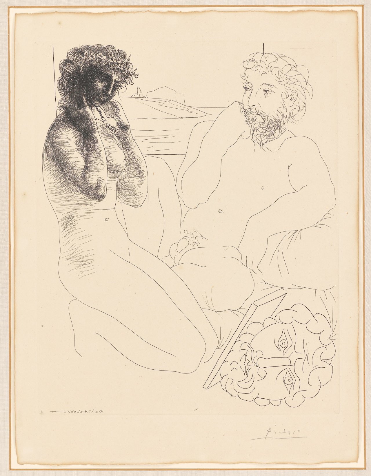Auf diesem Bild ist das folgende Kunstwerk zu sehen: Pablo Picasso. „Sculpteur et modèle se regardant dans un miroir calé sur un autoportrait sculpté“. 1933/39.
