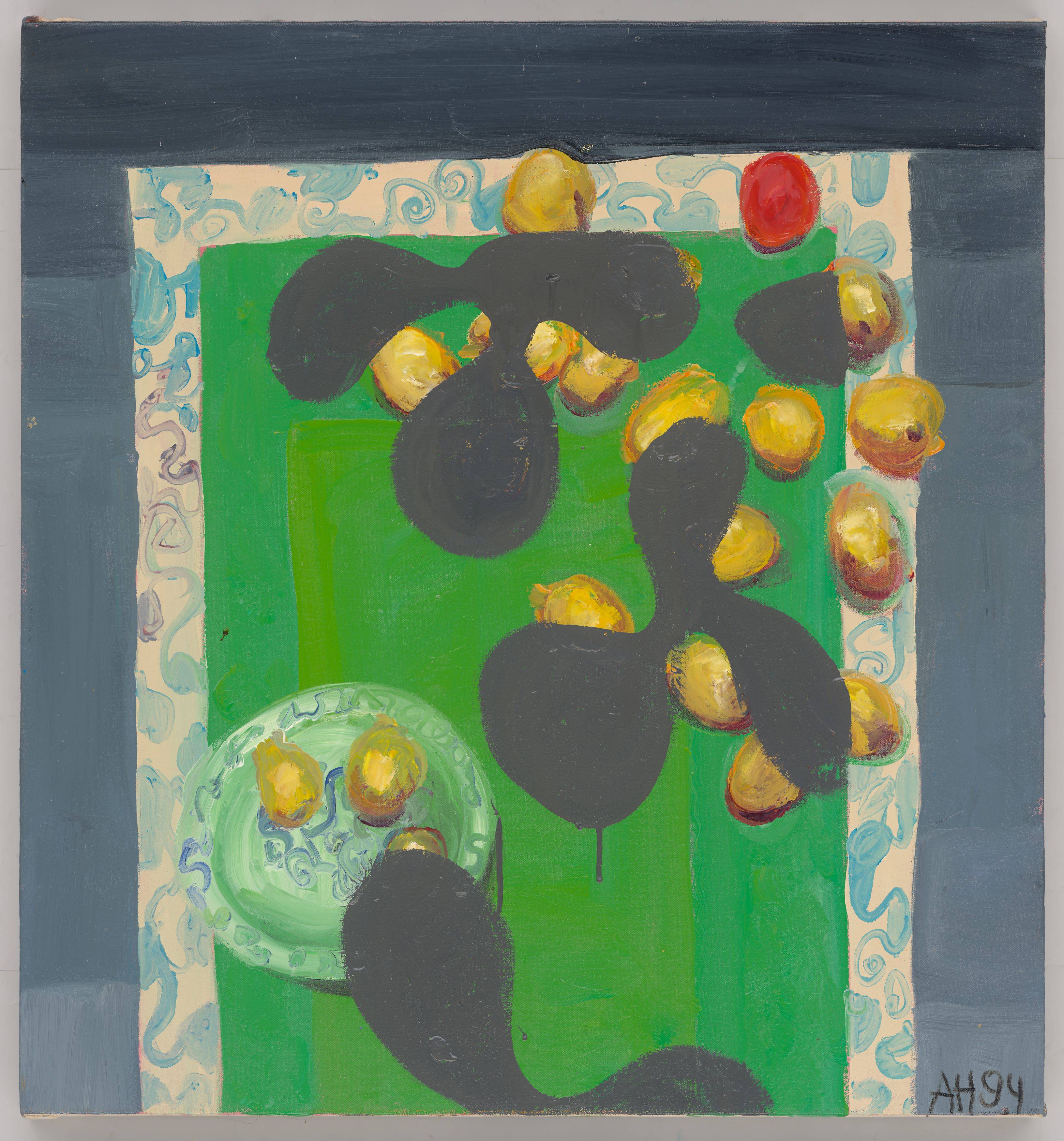 Auf diesem Bild ist das folgende Kunstwerk zu sehen: Anton Henning. „Modernes Stilleben mit modernen Früchten“. 1994.