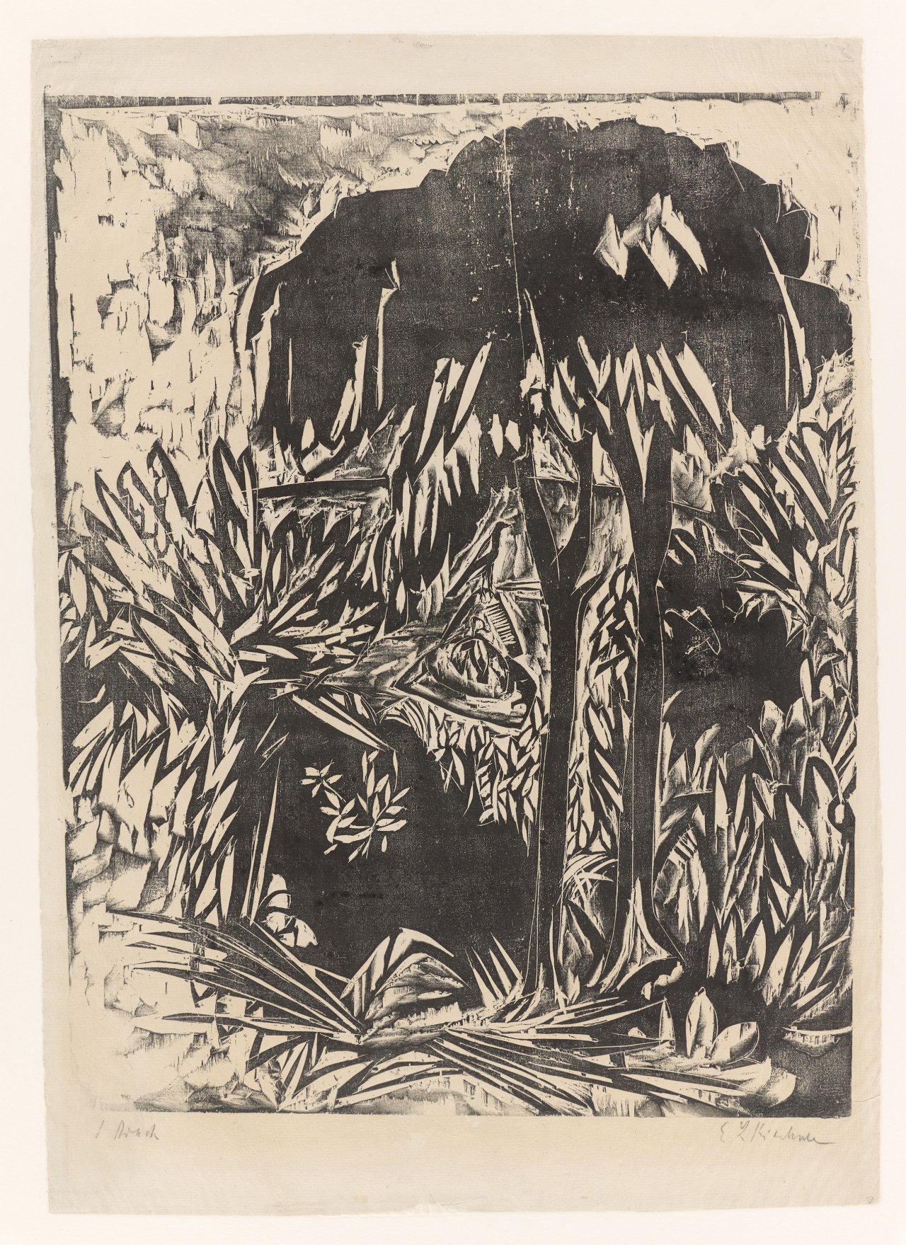Auf diesem Bild ist das folgende Kunstwerk zu sehen: Ernst Ludwig Kirchner. „Bäume und Büsche am Strand, Fehmarn“. 1913.