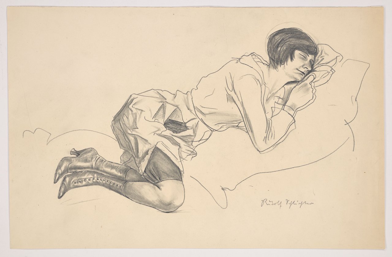 This picture shows the following artwork: Rudolf Schlichter. Reclining woman in high button shoes.