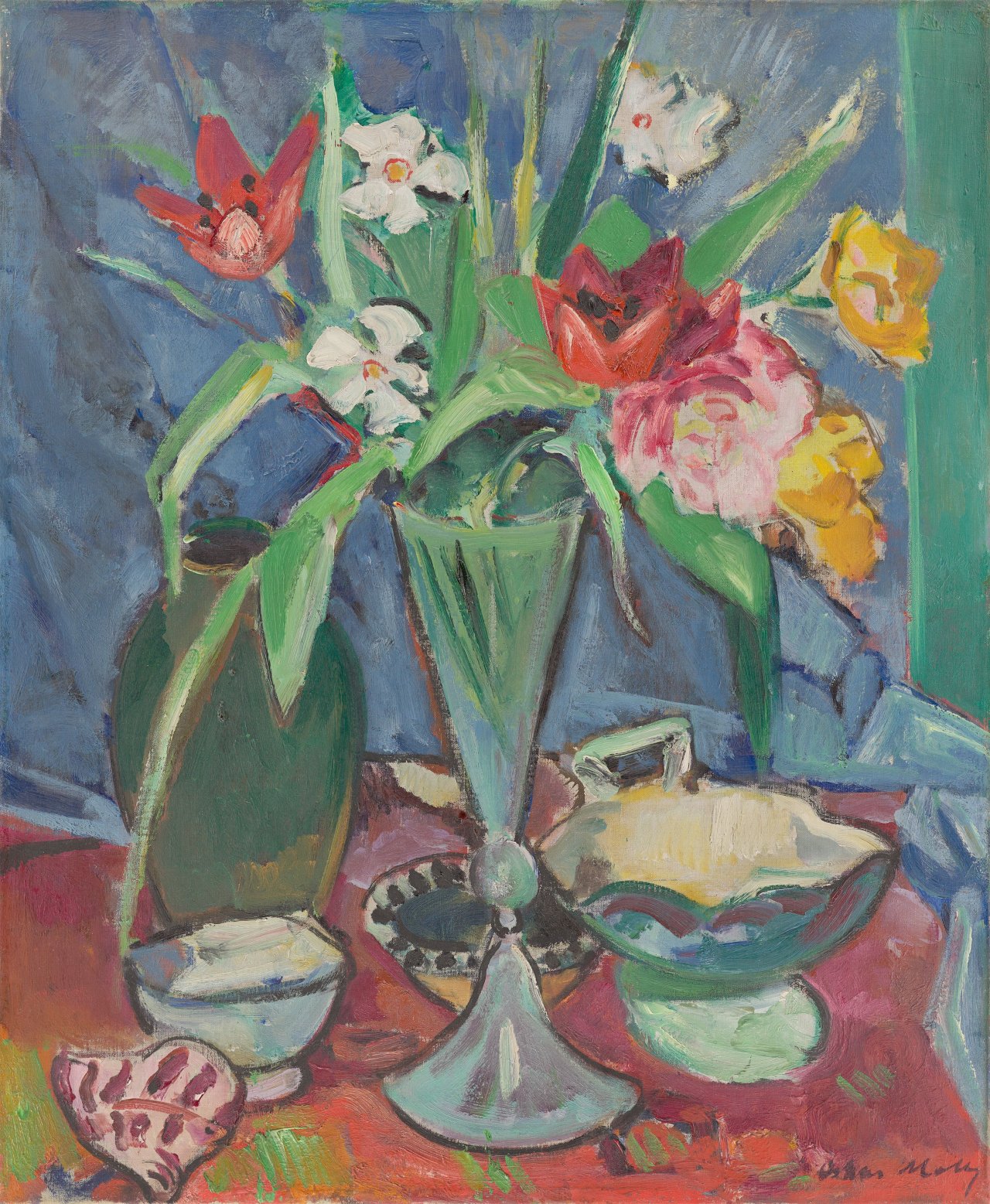 This picture shows the following artwork: Oskar Moll. ”Tulpen und Narzissen (,Blumenstilleben')”. Circa 1918.