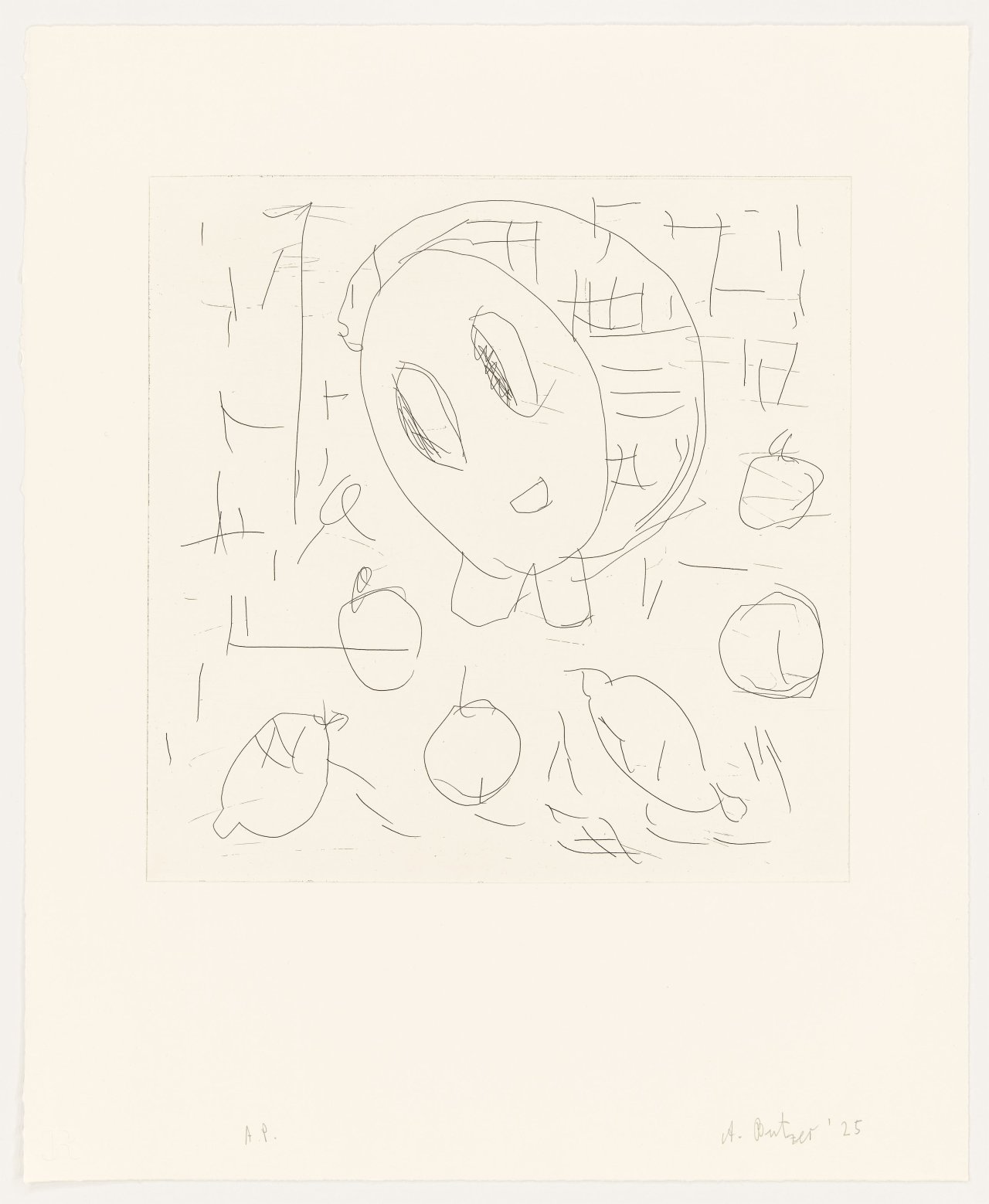 Auf diesem Bild ist das folgende Kunstwerk zu sehen: André Butzer. „Frau und Früchte II“. 2025.