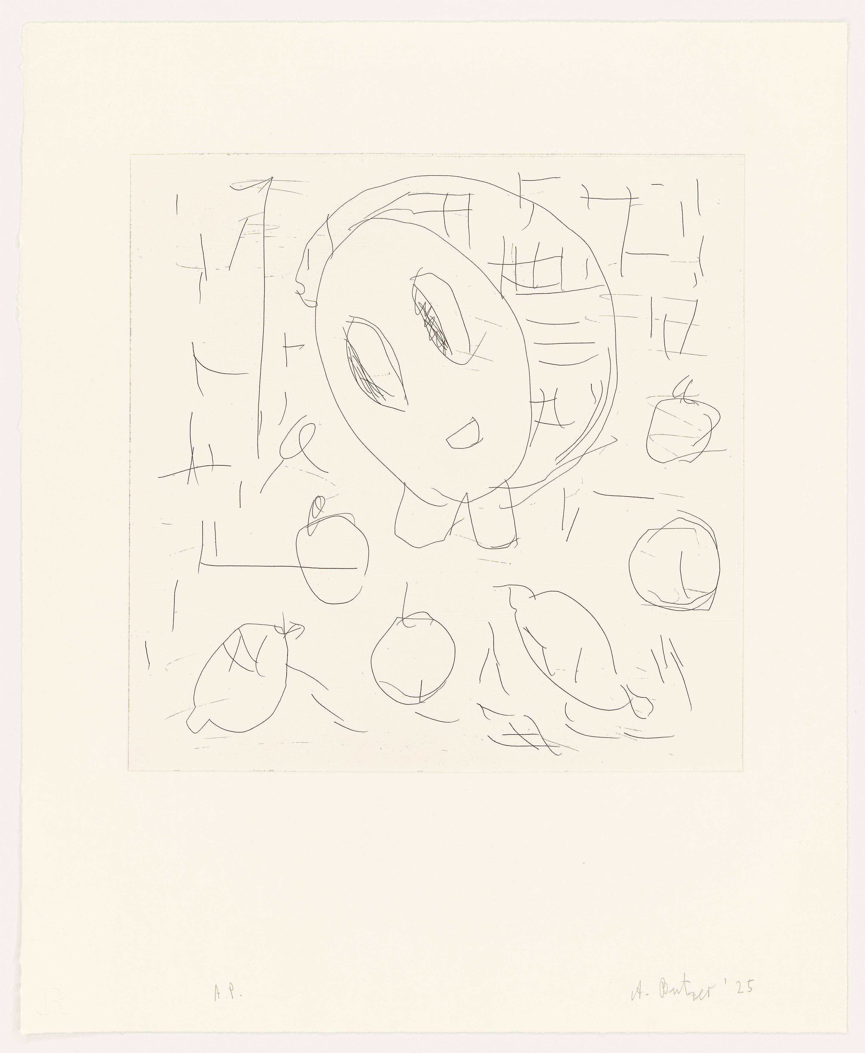 Auf diesem Bild ist das folgende Kunstwerk zu sehen: André Butzer. „Frau und Früchte II“. 2025.