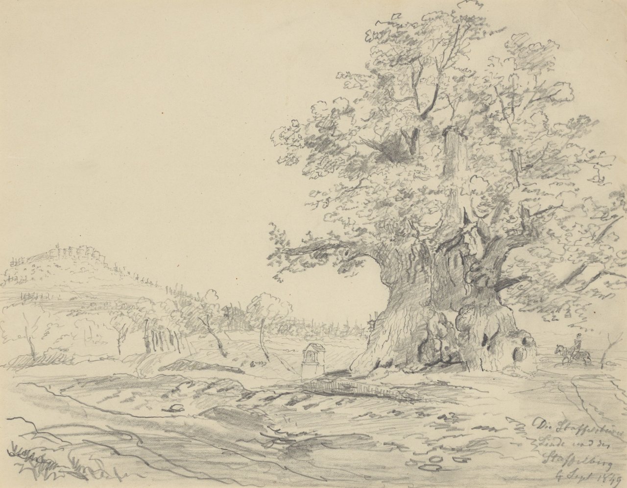 This picture shows the following artwork: Johan Christian Clausen Dahl. ”Die Staffelsteiner Linde und die Staffelburg” (The Staffelstein Linden Tree and Staffelburg Castle). 1849.