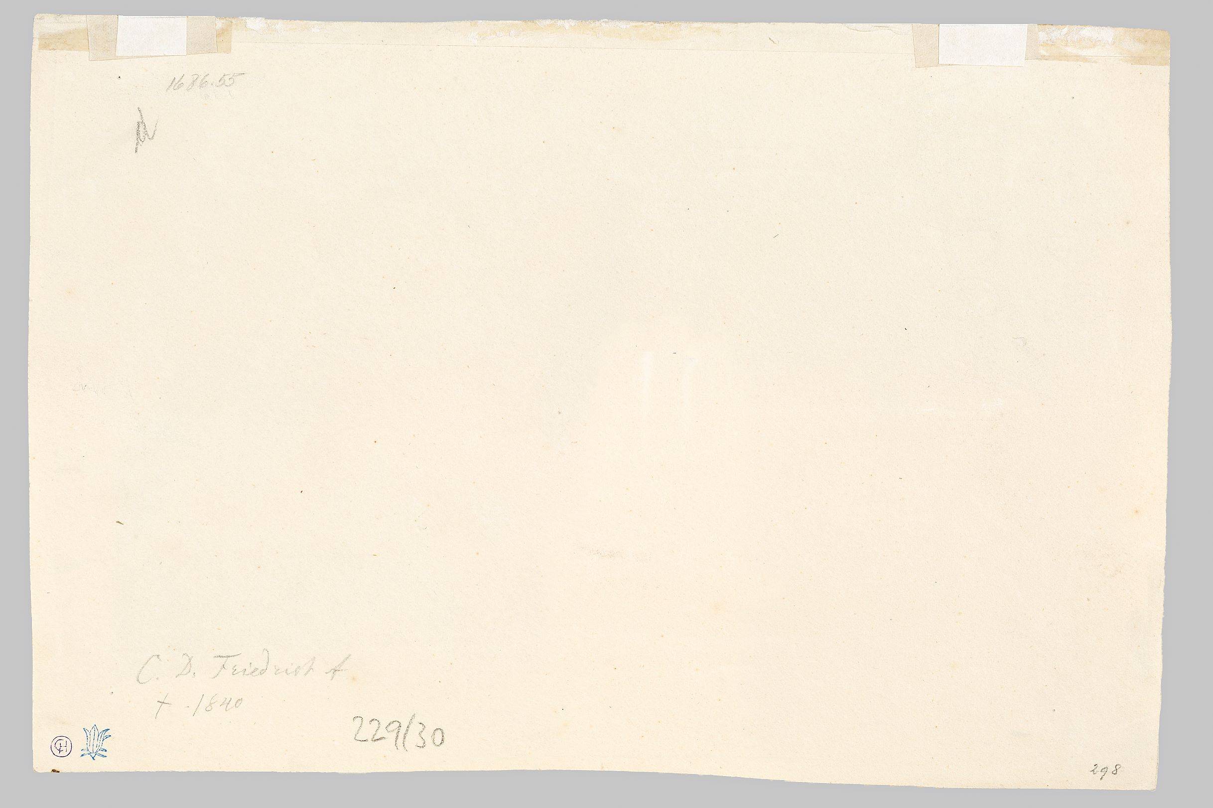 This picture shows the following artwork: Caspar David Friedrich. ”Landschaft mit Felsgipfel”. Circa 1799.