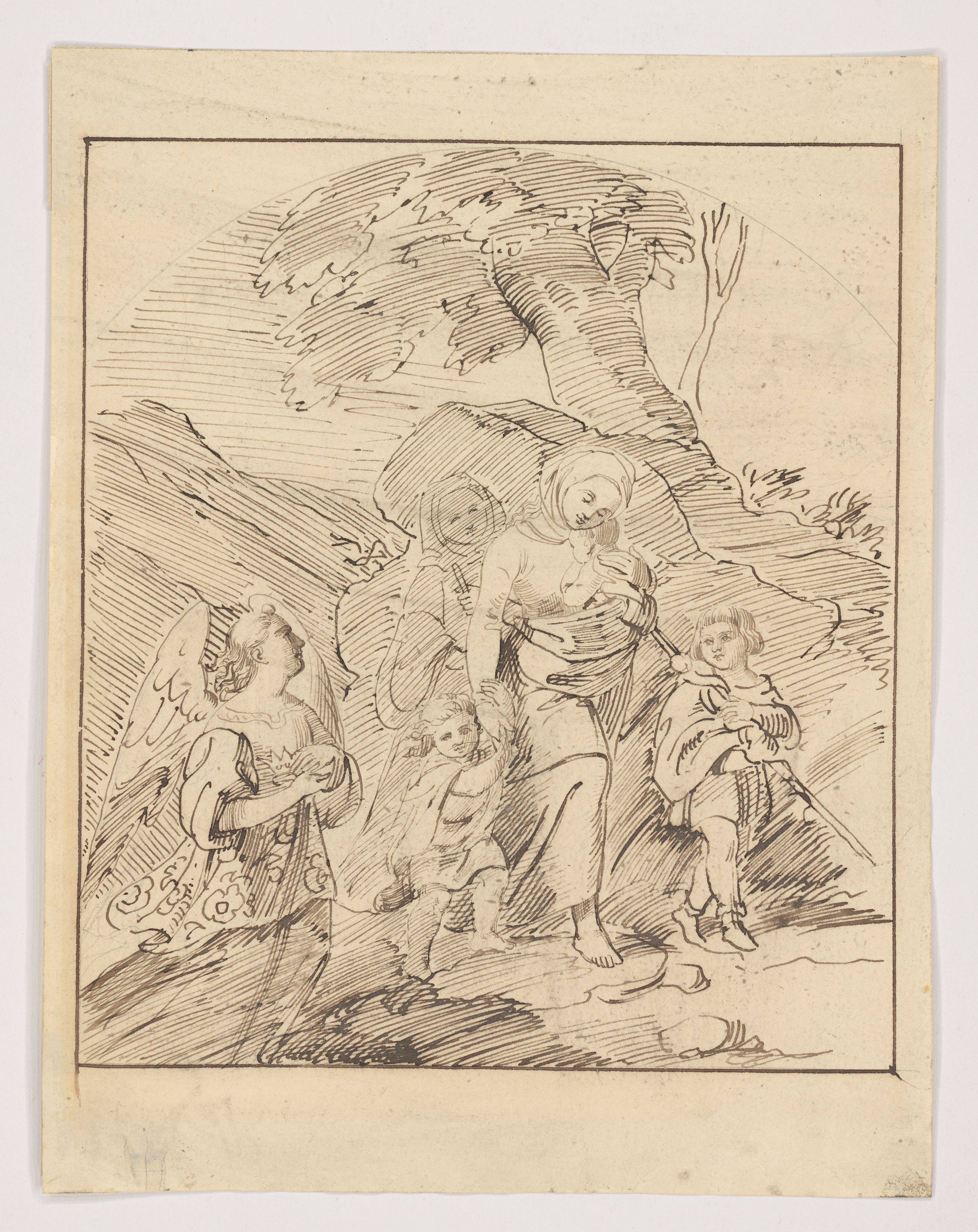 This picture shows the following artwork: Ludwig Emil Grimm. ”Die hl. Elisabeth verläßt 1227 die Wartburg mit ihren drei Kindern, gefolgt von einer Wärterin, geleitet von einem Engel”. Before 1834.