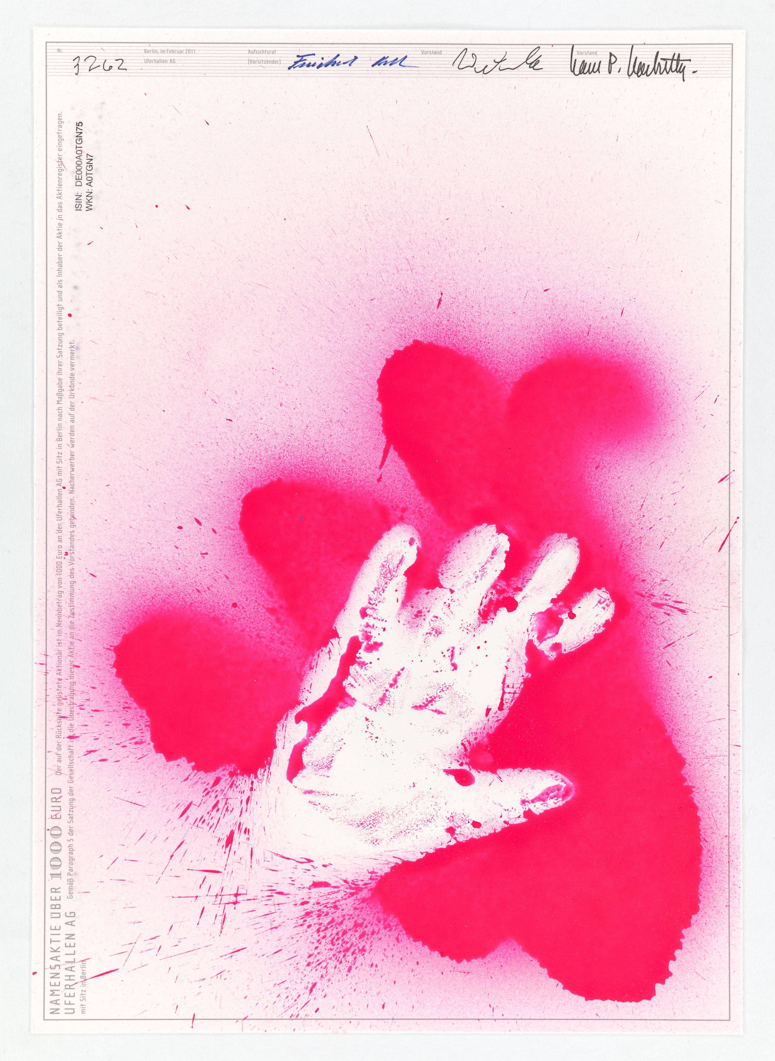 This picture shows the following artwork: Katharina Grosse. Drei Kunstaktien der UferHallen AG. 2011.
