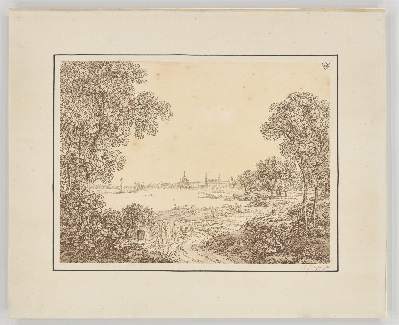This picture shows the following artwork: Adrian Zingg. View of Dresden with people walking / Landscape with river course and country folk.